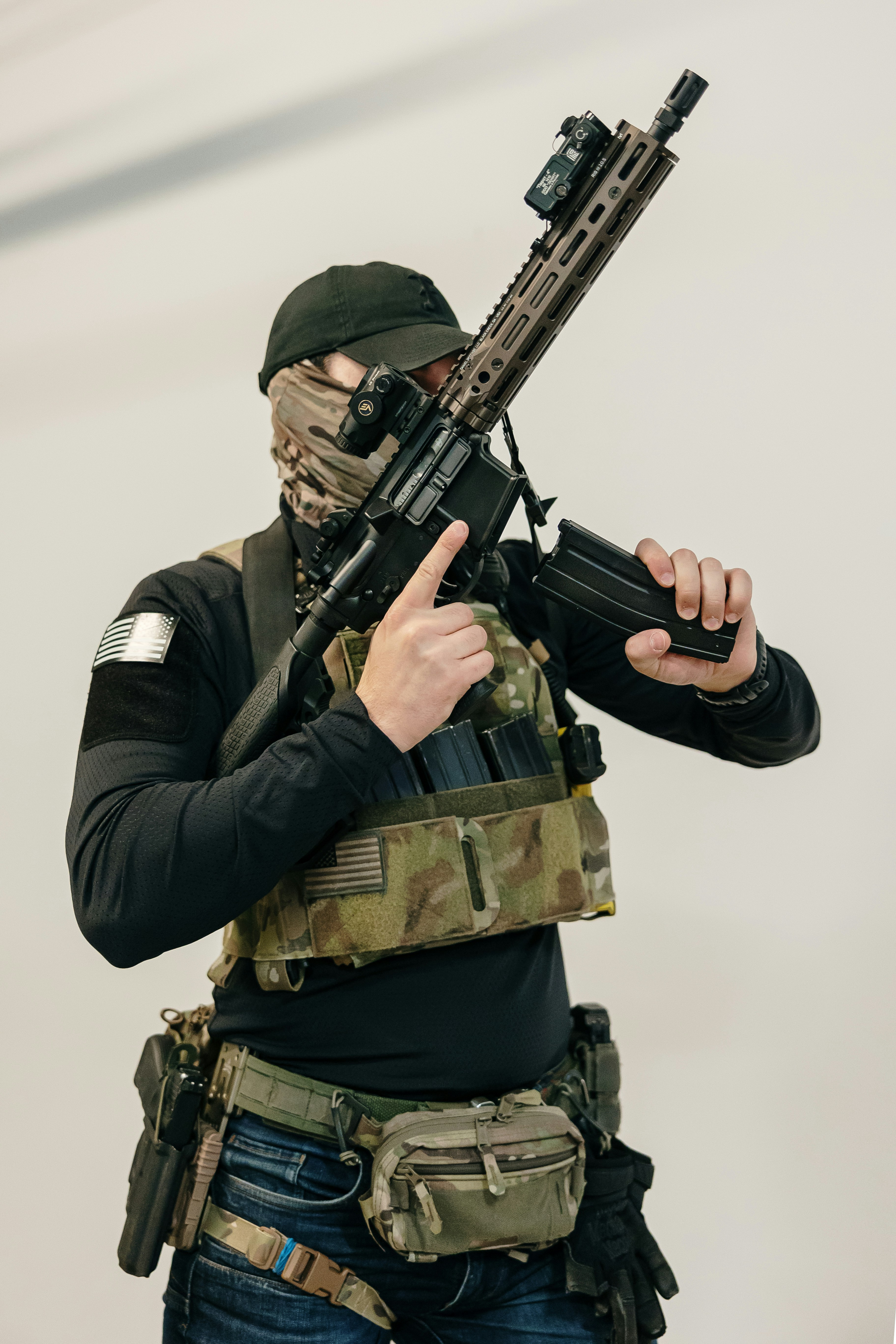 Airsoft player with the new EMG Golden Eagle Daniel Defense GBBR airsoft replica.