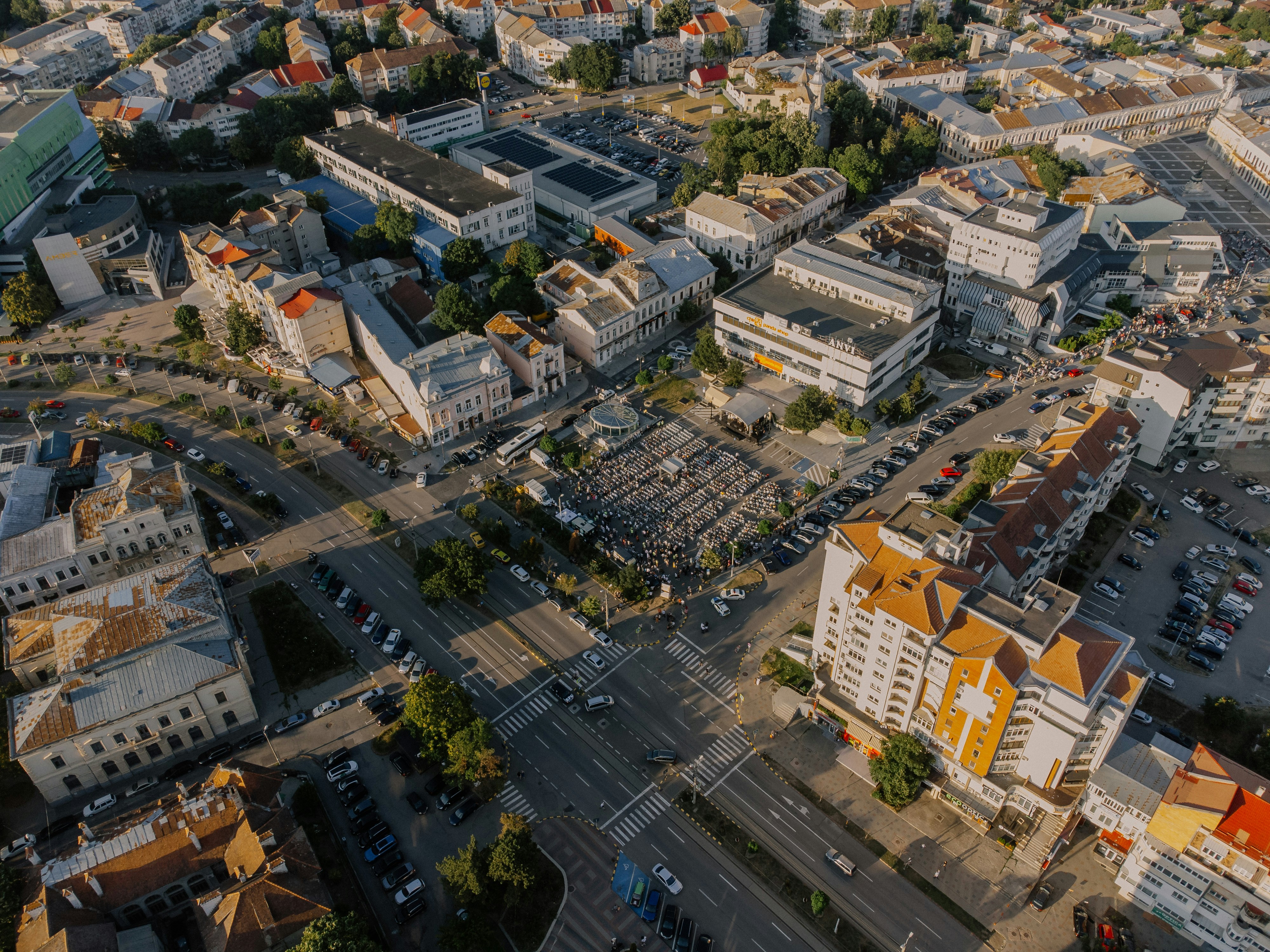 Aerial view of a bustling city with various buildings.