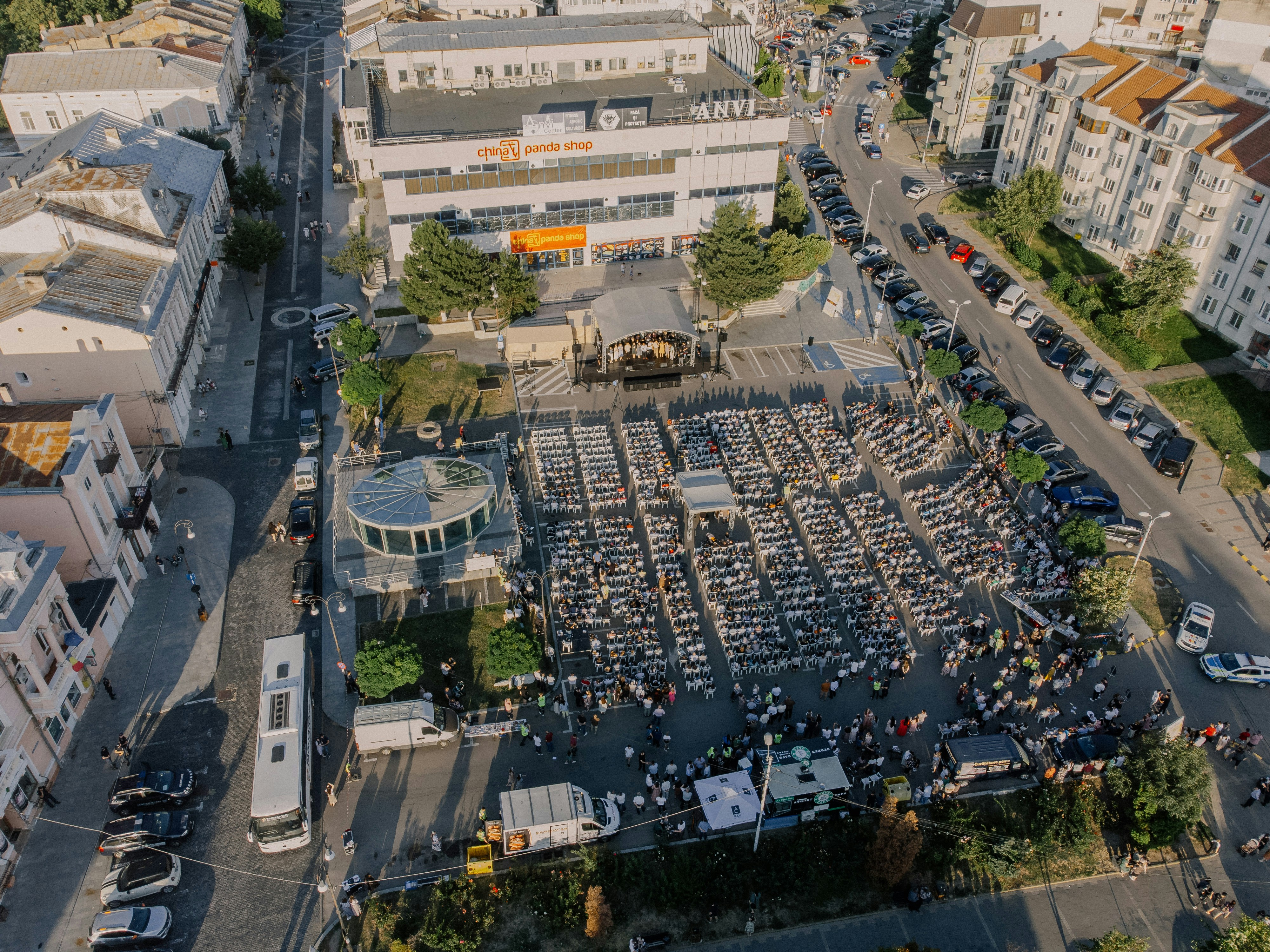 An aerial view shows an outdoor event.