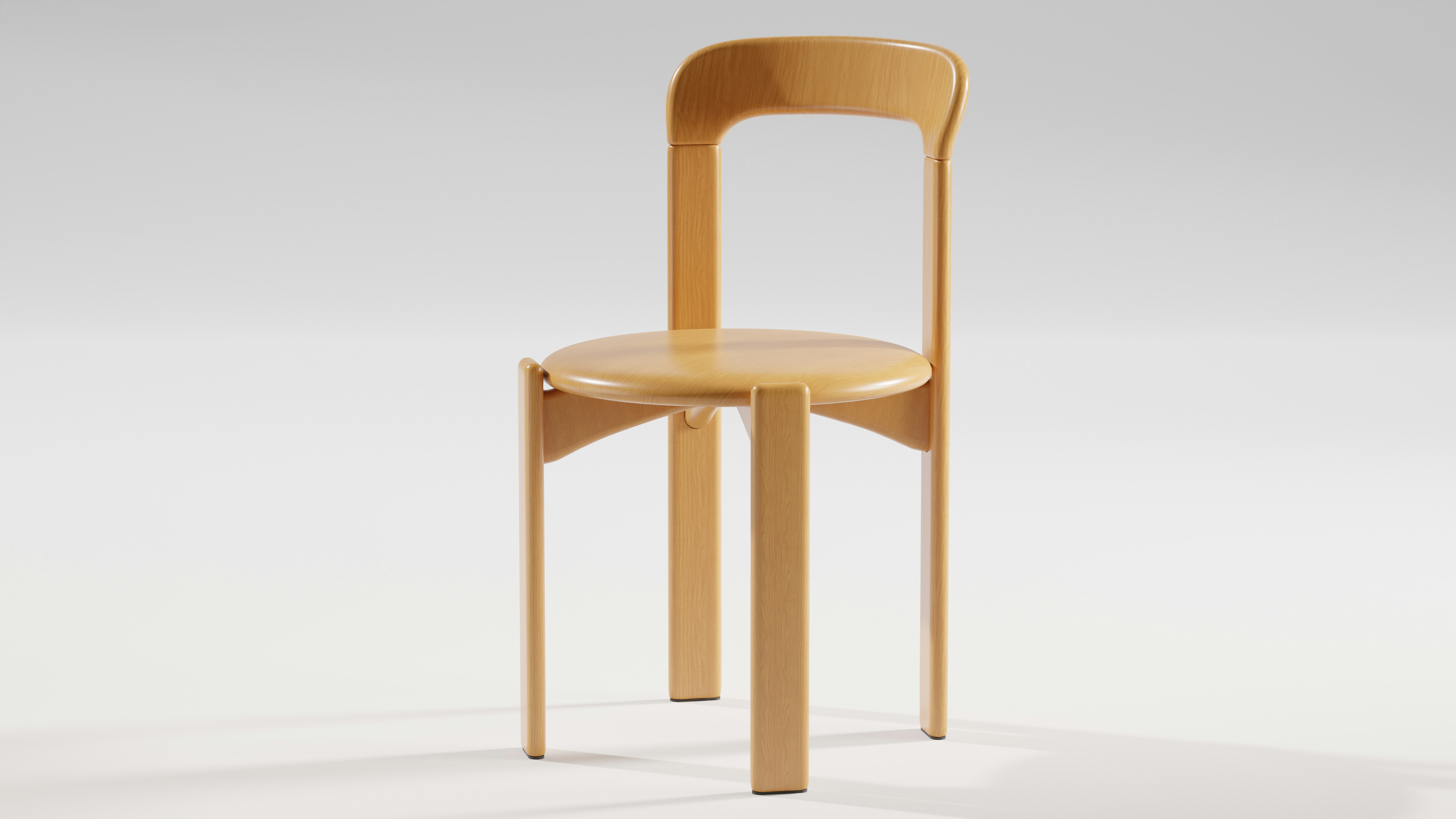 A full view of a light wooden chair, characteristic of Scandinavian design, stands on a neutral background. Its sturdy, minimalist construction with clean vertical lines and a rounded seat makes it a versatile and timeless piece.