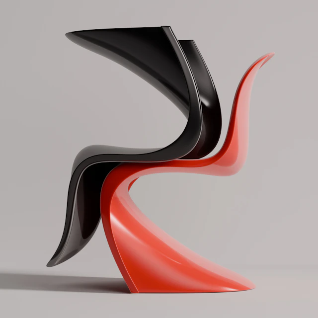 Two Panton Chairs, one black and one red, stacked on top of each other