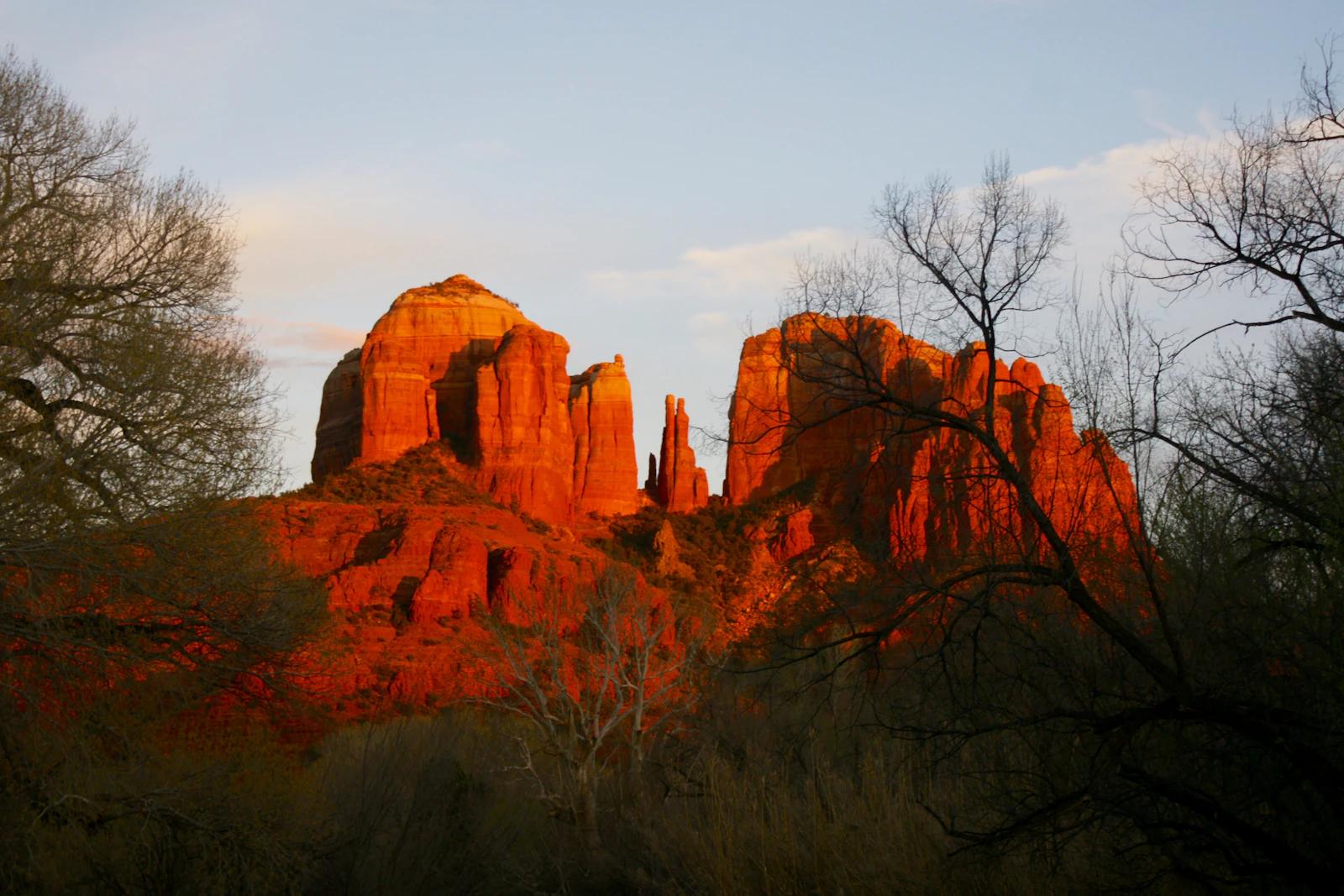 Sedona's red rock formations glowing in the last light of day