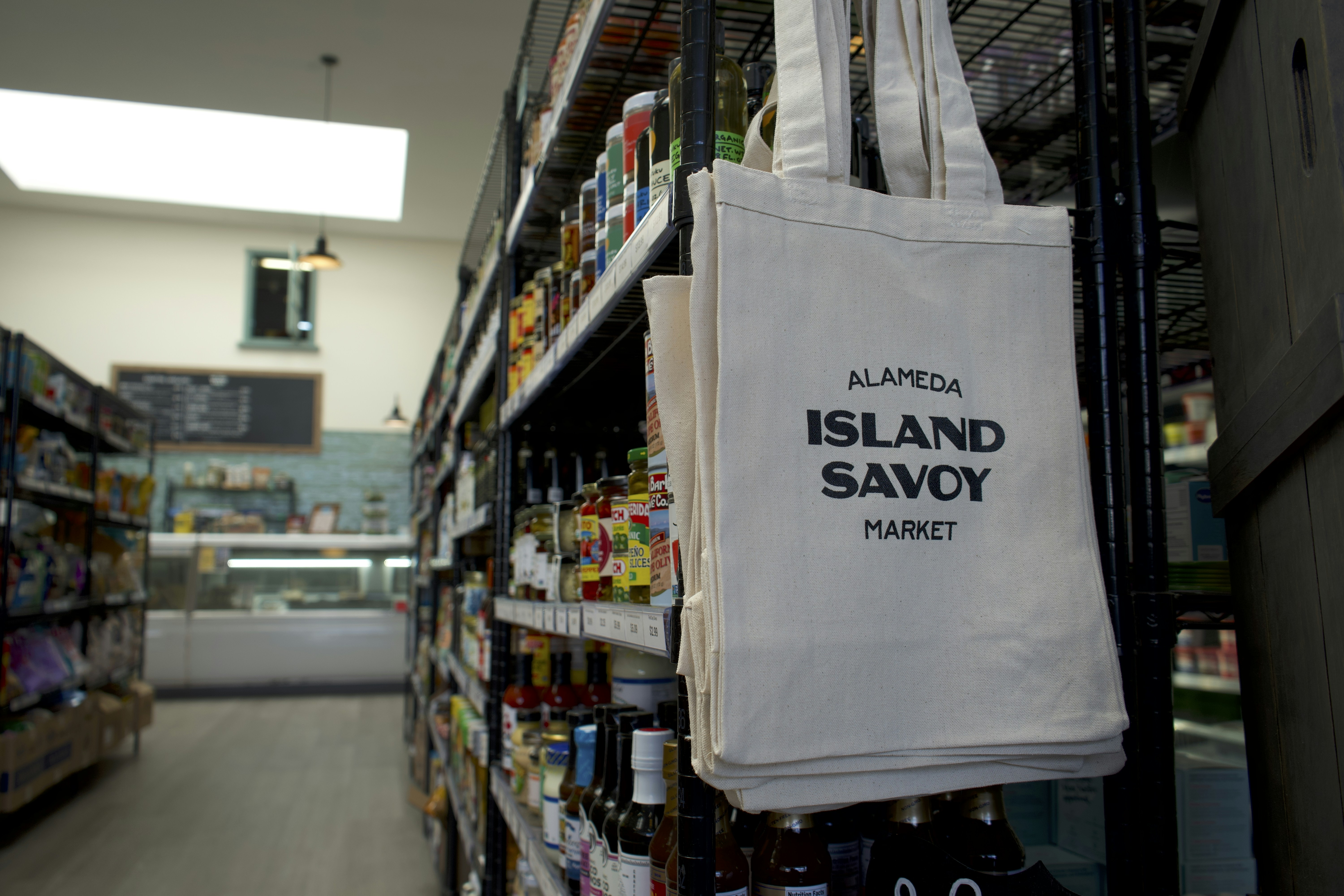 The image shows shelves in a grocery store.