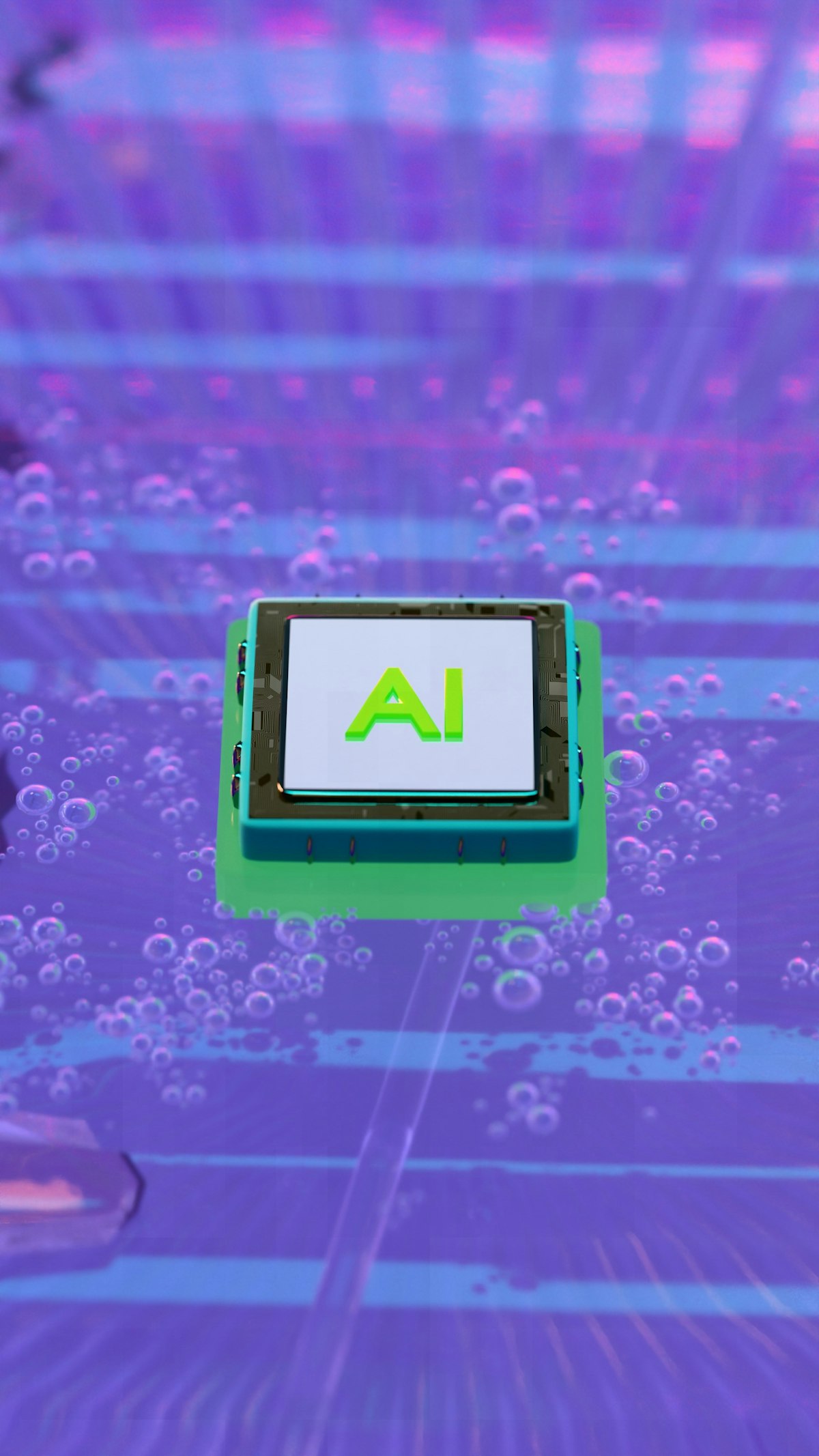 An AI microchip on a reflective surface representing the artificial intelligence technology powering Palantir's platform
