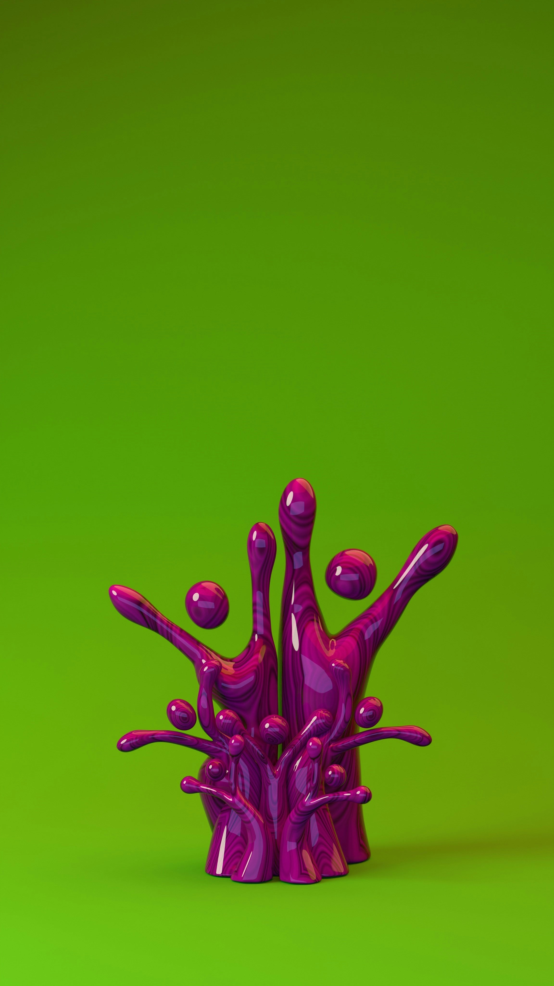 Purple splatters on a green background.
