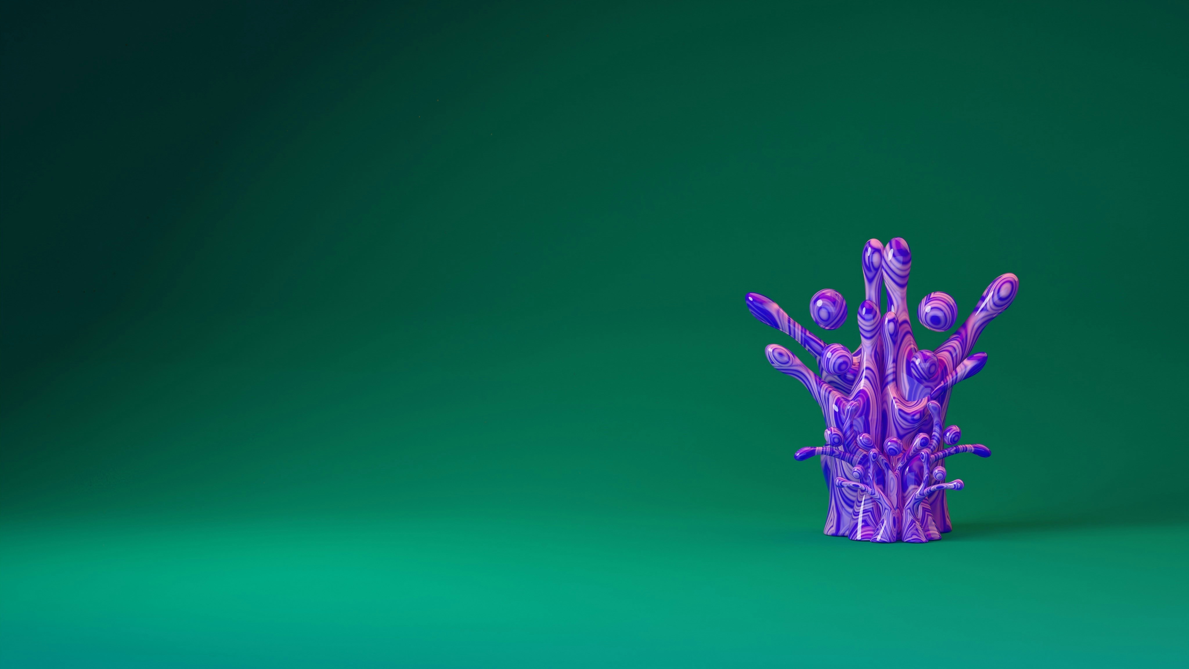 A purple, abstract sculpture stands against green.