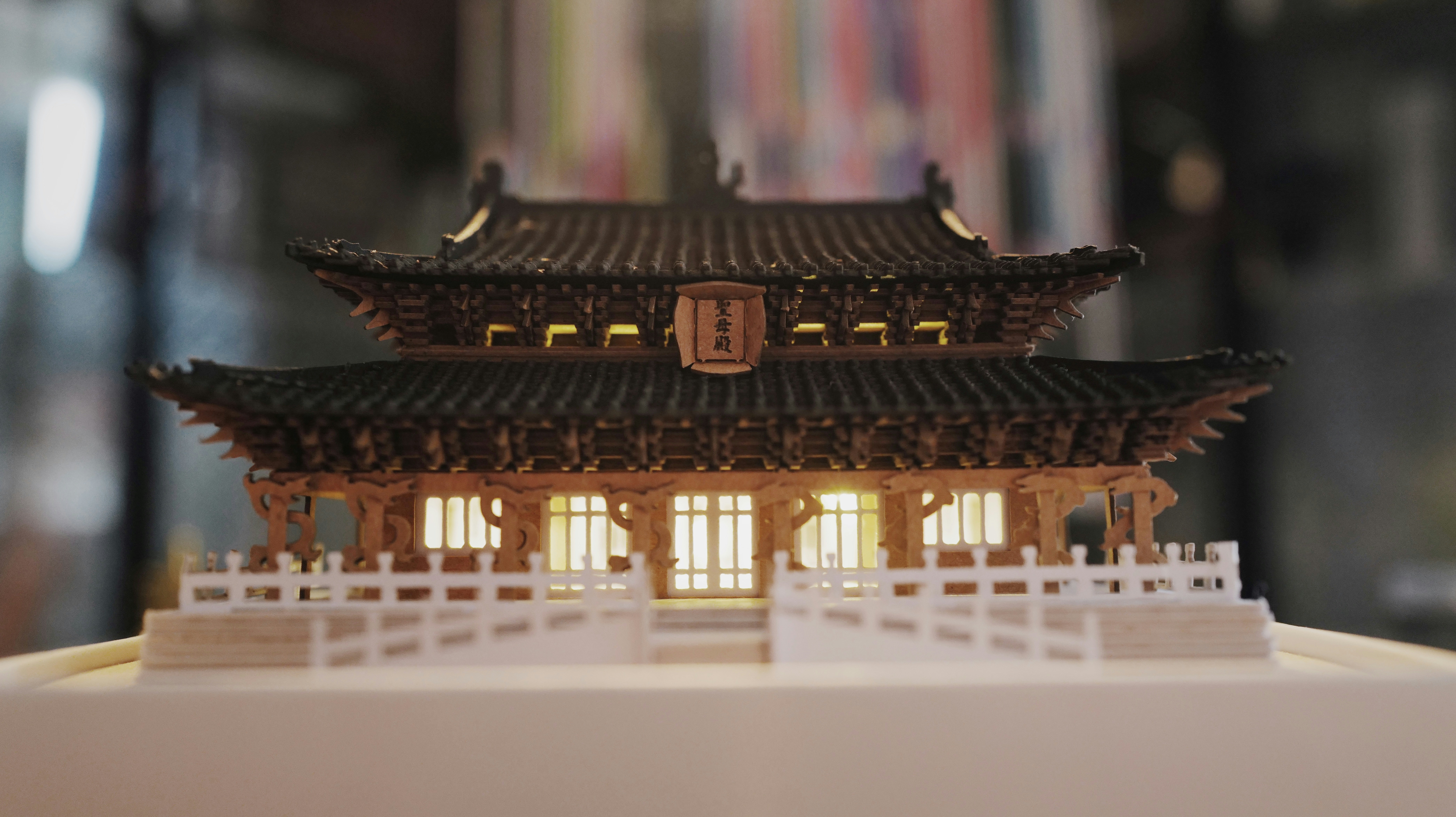 A detailed miniature of an asian temple.