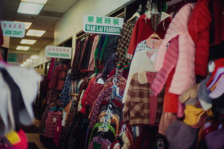 Clothing racks display various styles of garments