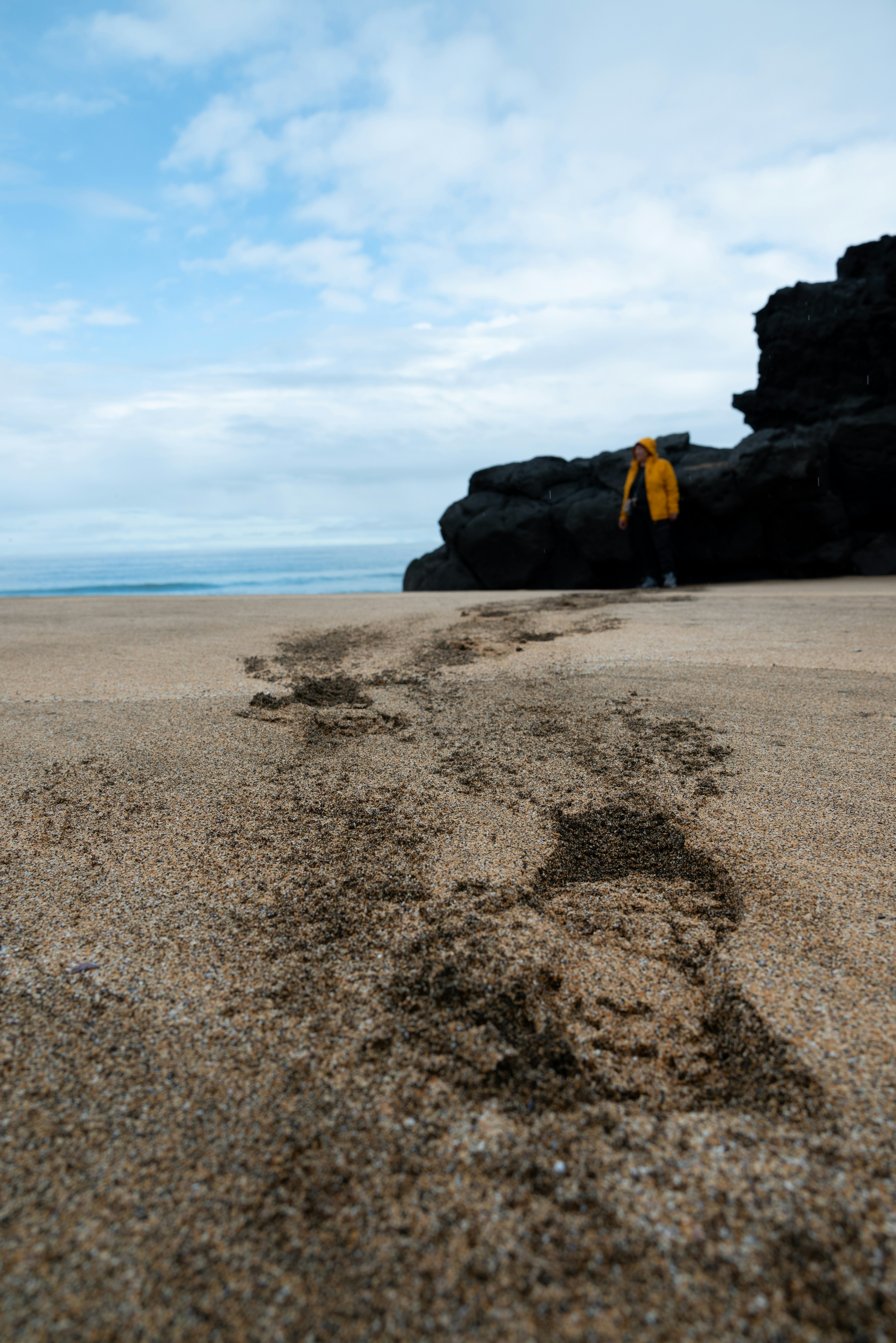Person on a beach with dark rocks and a blue sky.