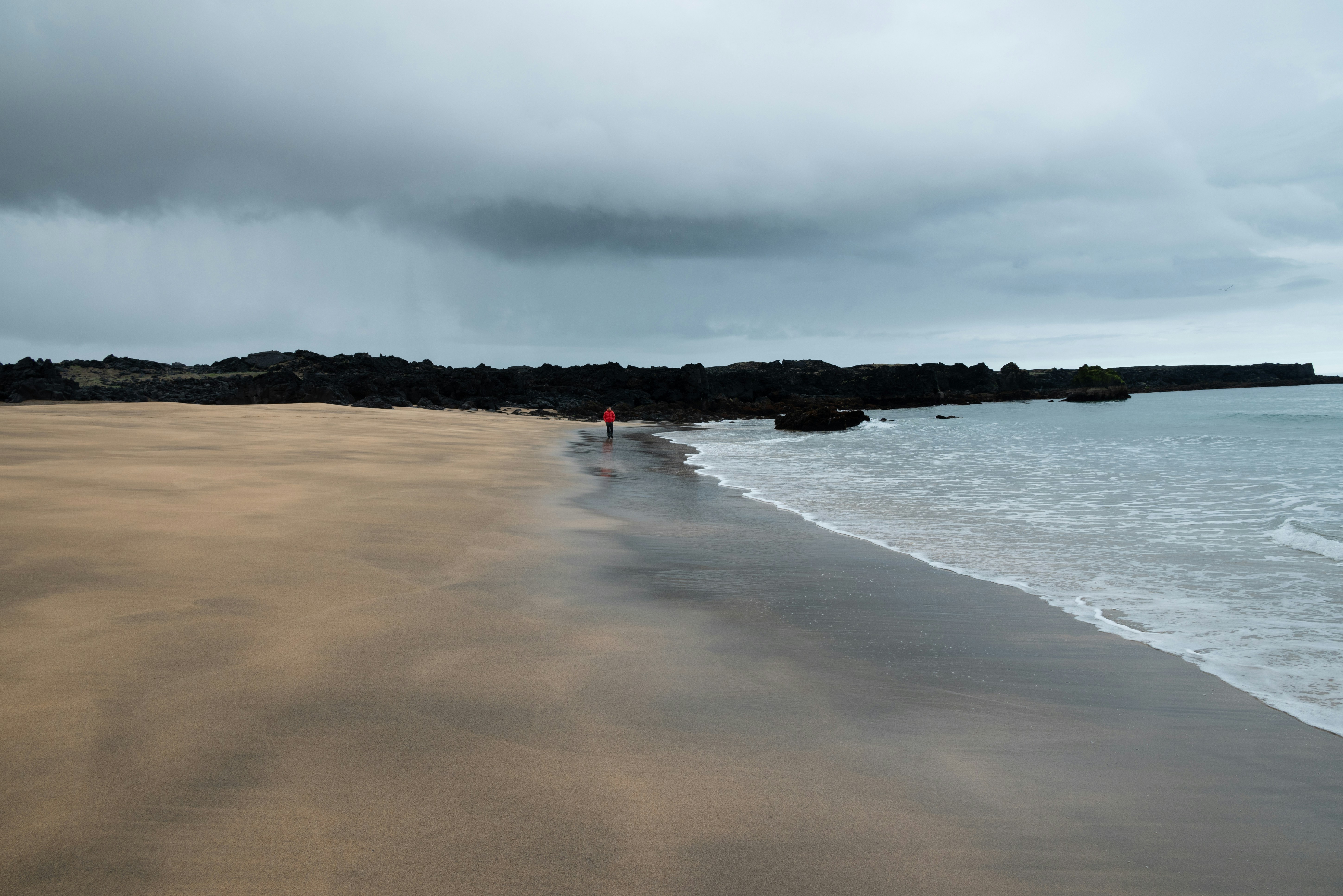 A person walks alone on a moody beach.