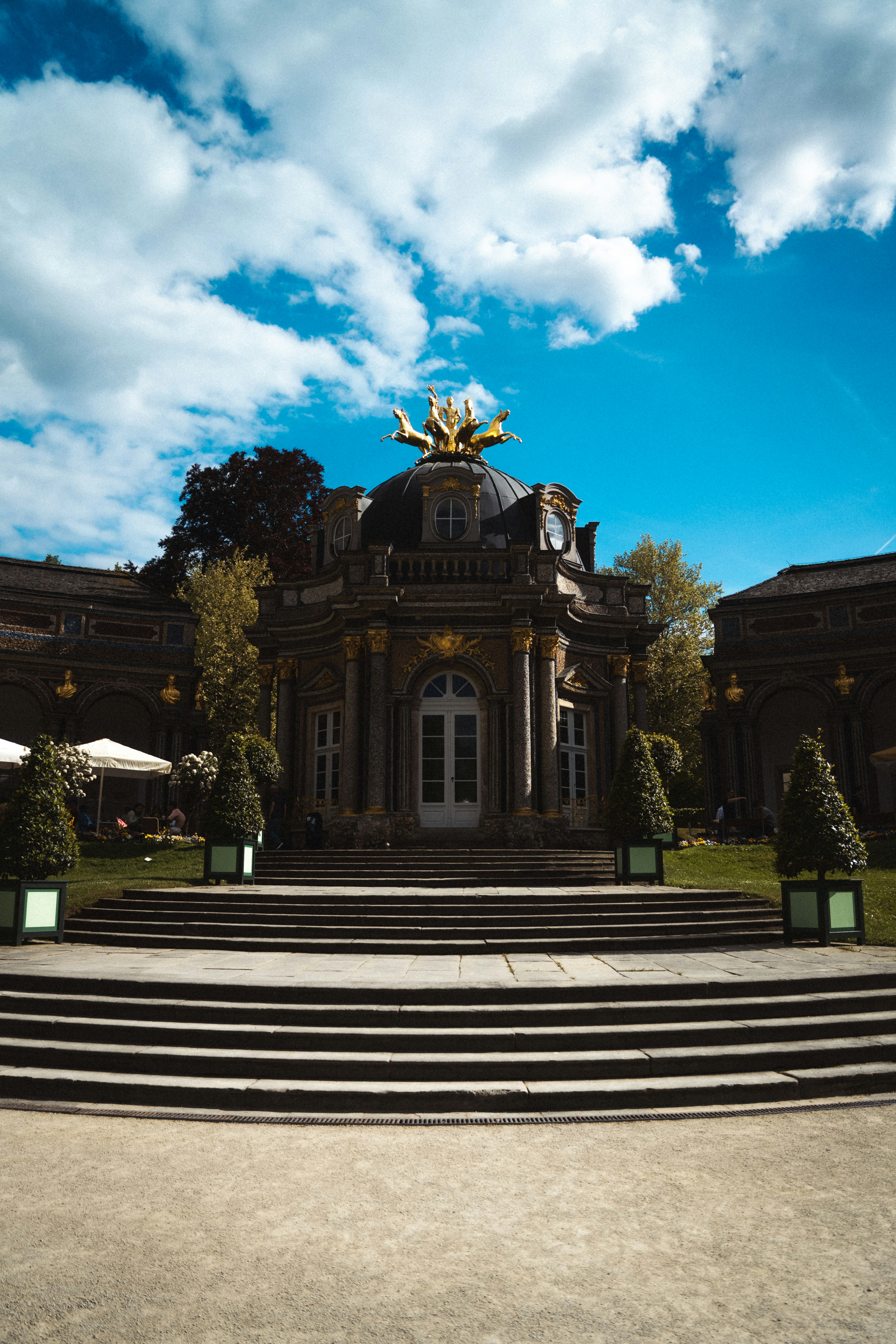 A beautiful building with a blue sky above.