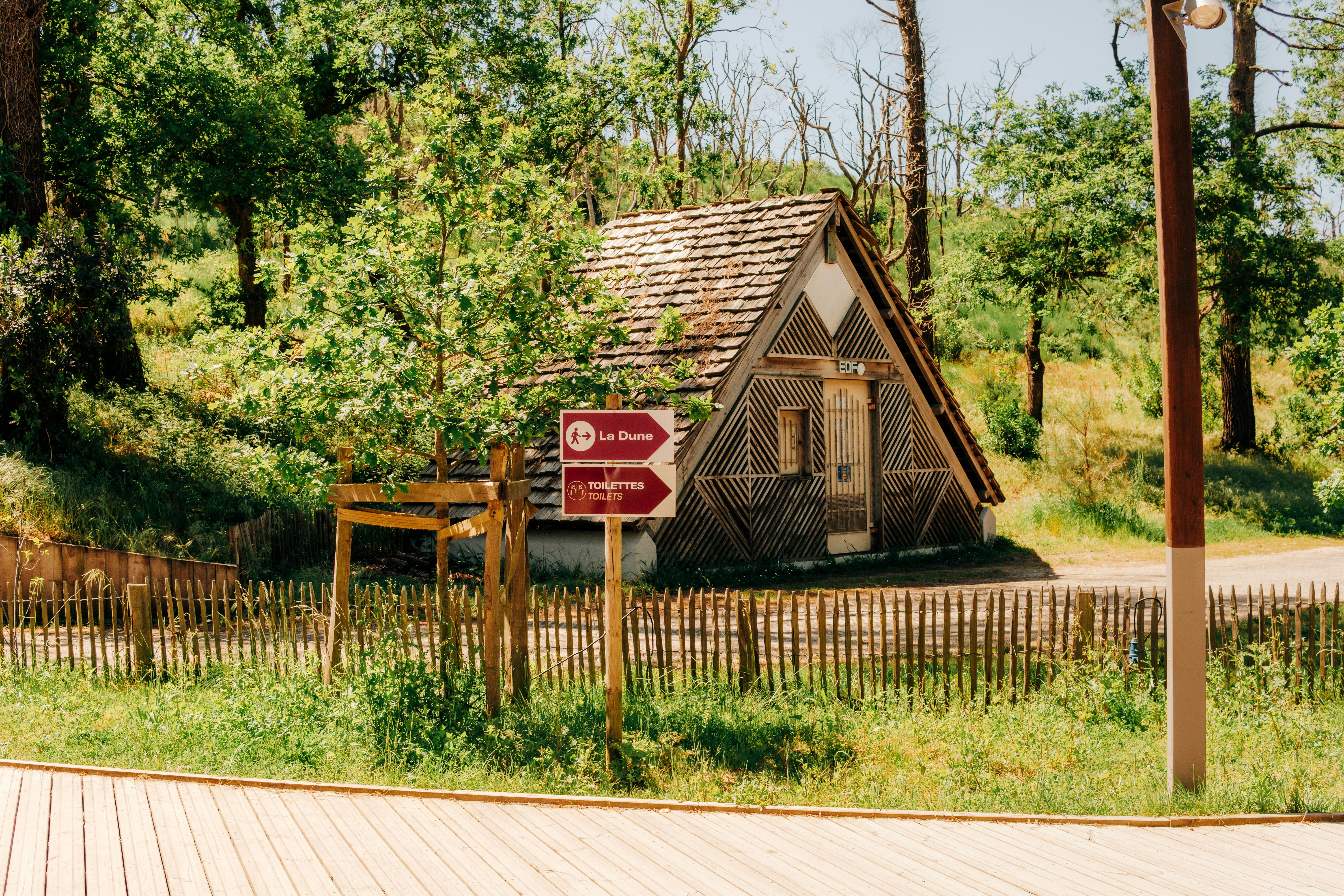 A rustic wooden cabin stands near a signpost.