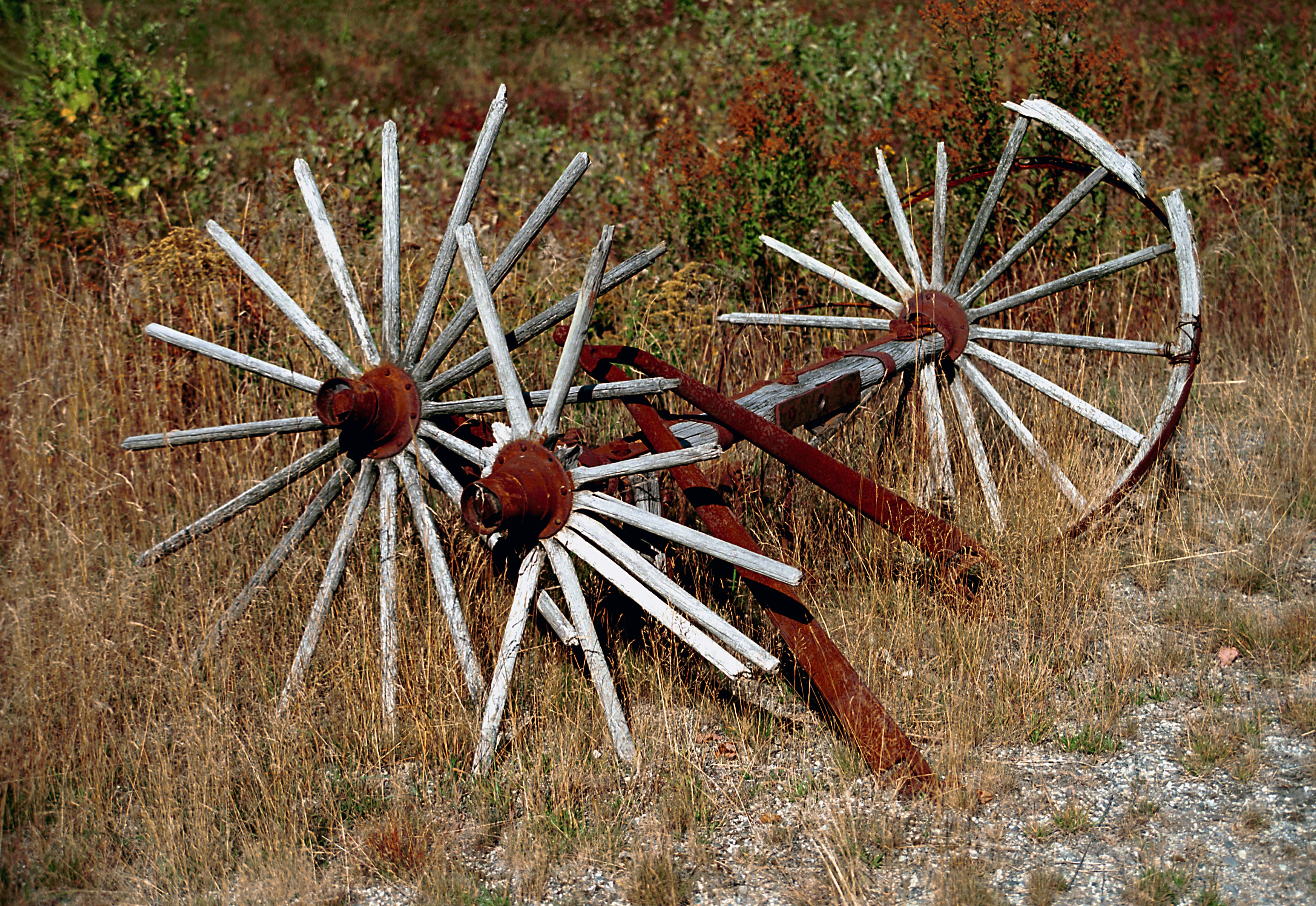 Old, broken wagon wheels lie discarded in the grass.
