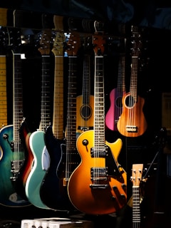 Guitars of different types hang together.