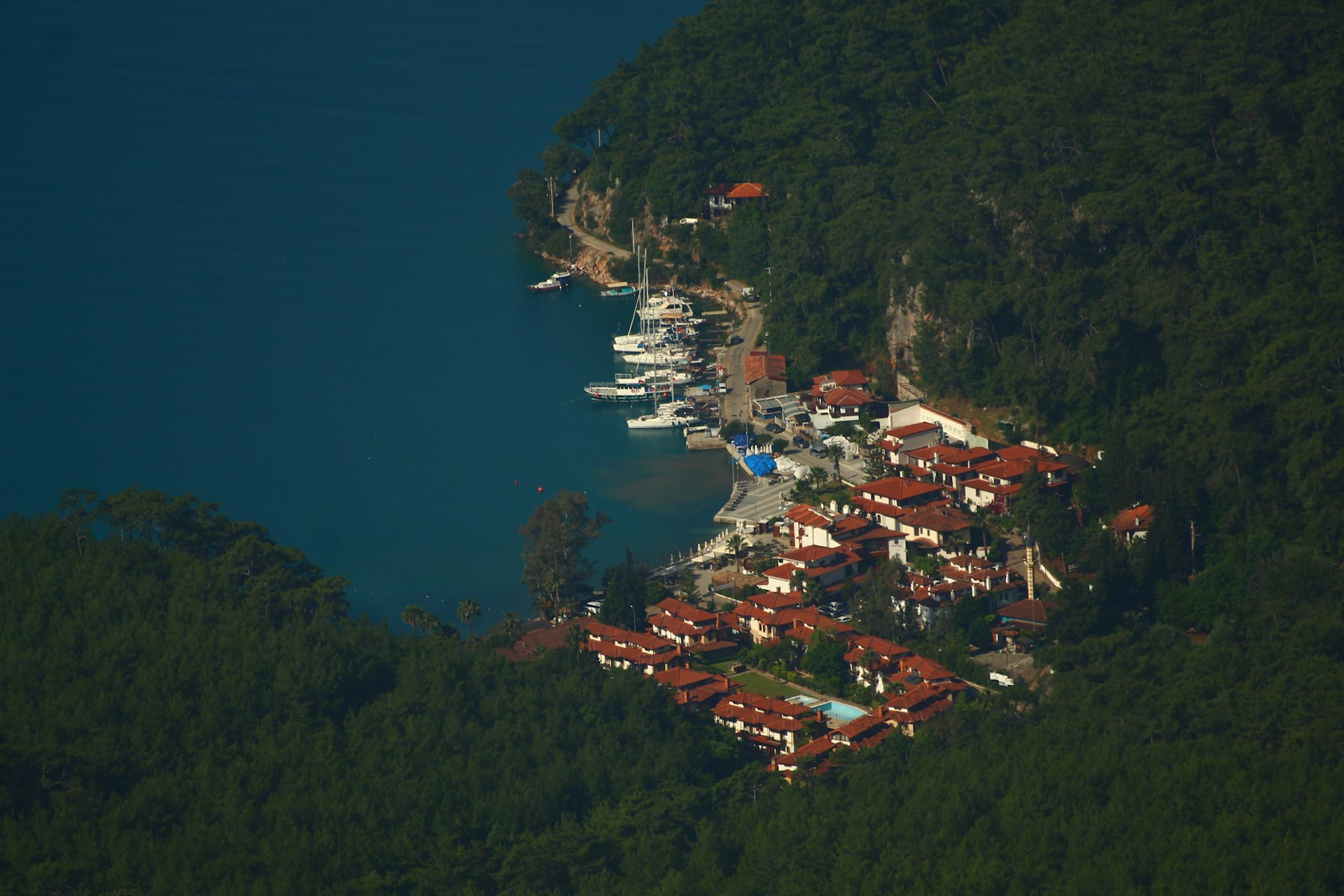 Bateaux amarrés près d'un village côtier pittoresque dans une baie luxuriante, invitant à la découverte locale