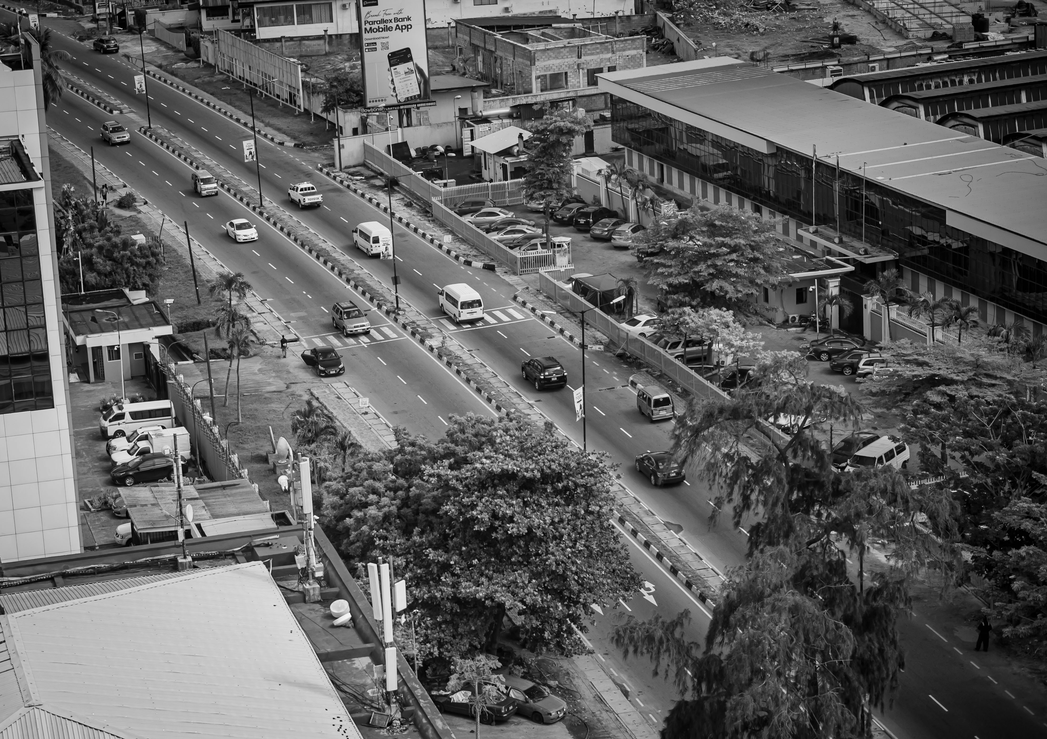 An aerial view of a busy city road.