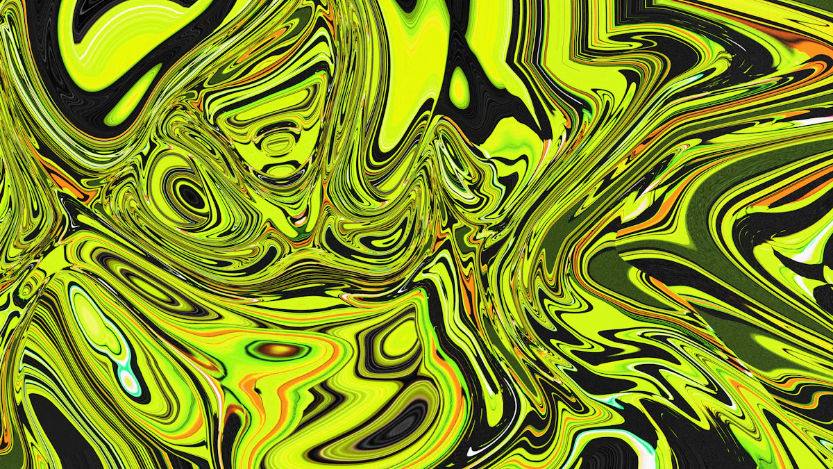 Swirling psychedelic liquid render in electric green and violet, hyper-glossy 3D fluid art