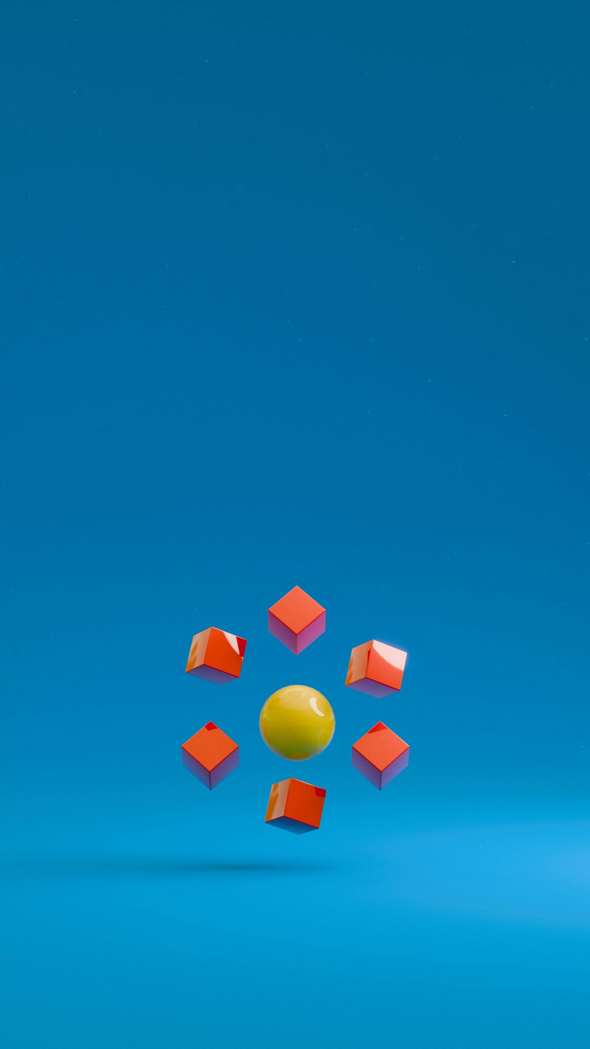 A yellow ball surrounded by cubes.