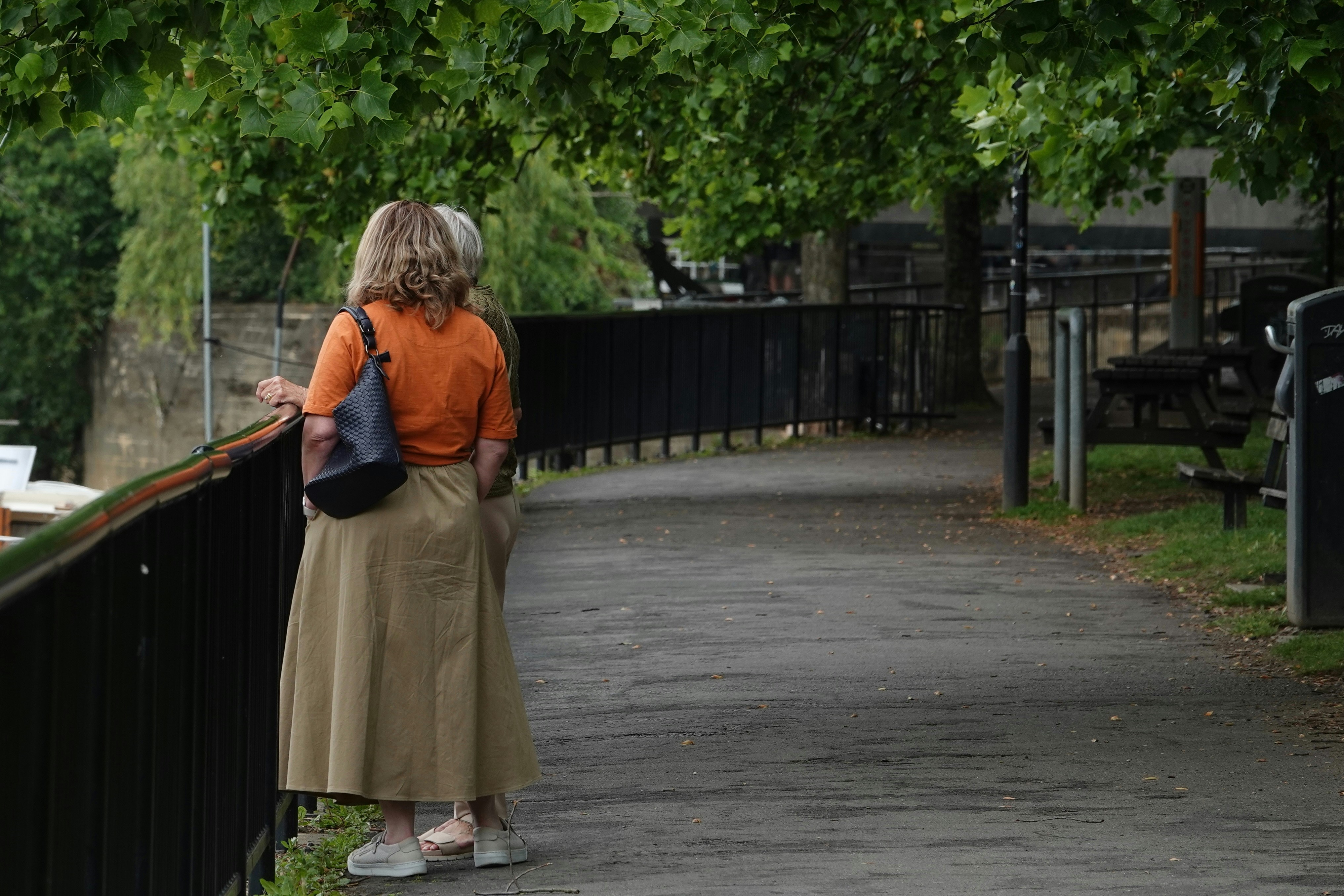 Two people stroll along a path.