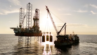 An oil rig being serviced by a supply ship.