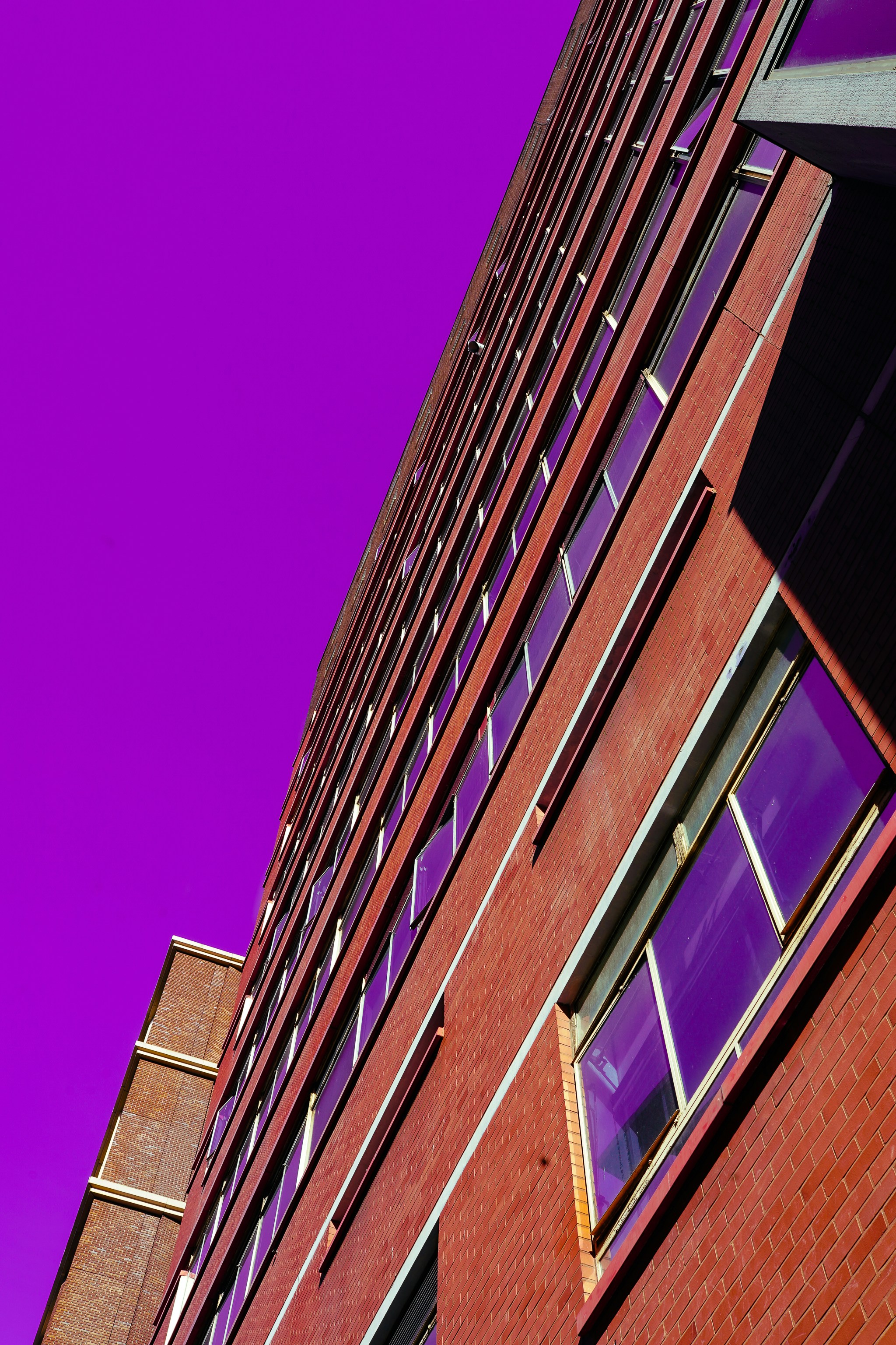 Tall brick building reaches towards a purple sky.