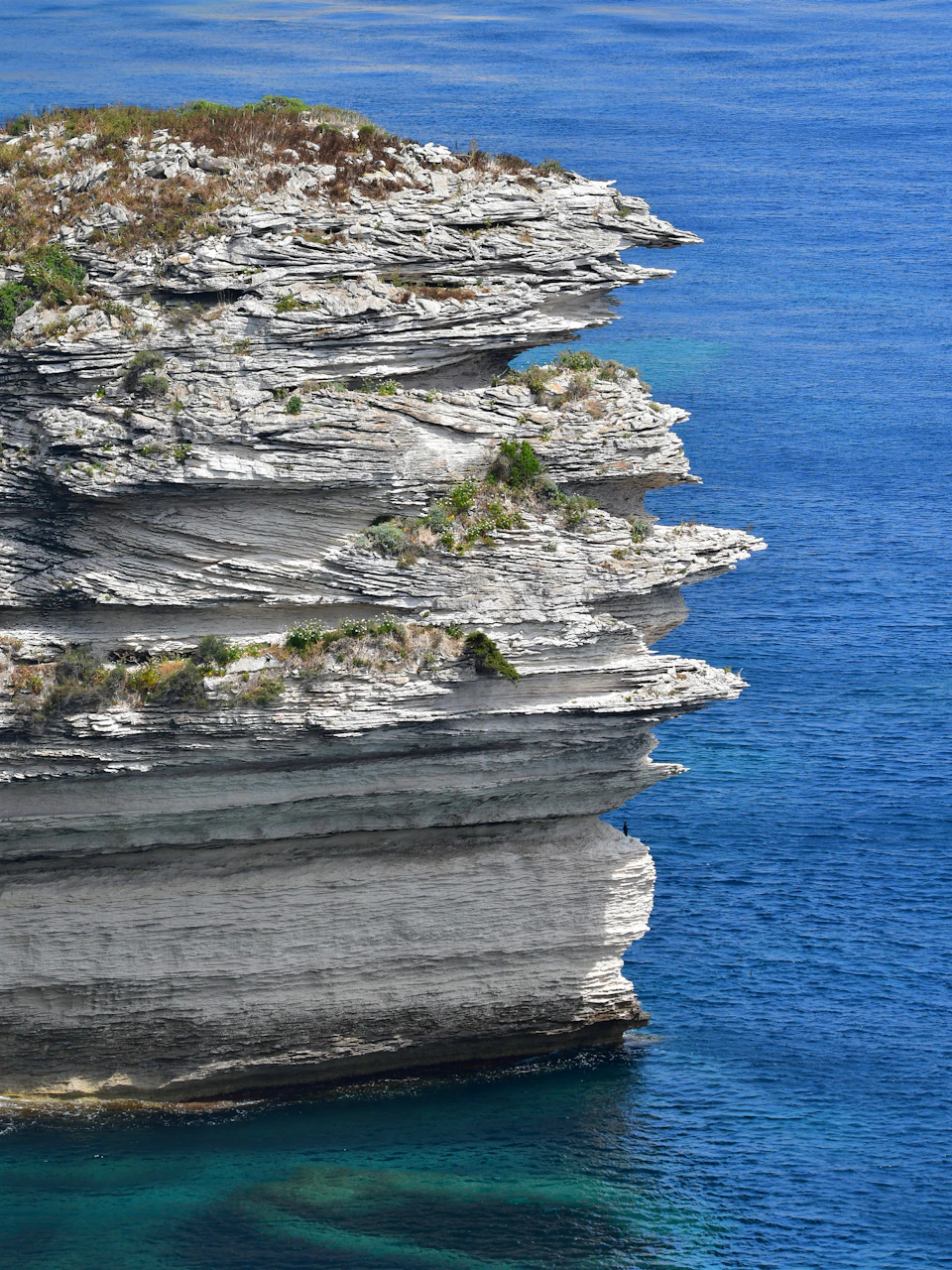 The image depicts a cliff face composed of white, jagged rocks with patches of green vegetation growing on them. The cliff is situated next to a body of water, which has a blue-green hue and appears calm. The perspective of the photo suggests it was taken from above or slightly below the cliff, providing an expansive view of the landscape.