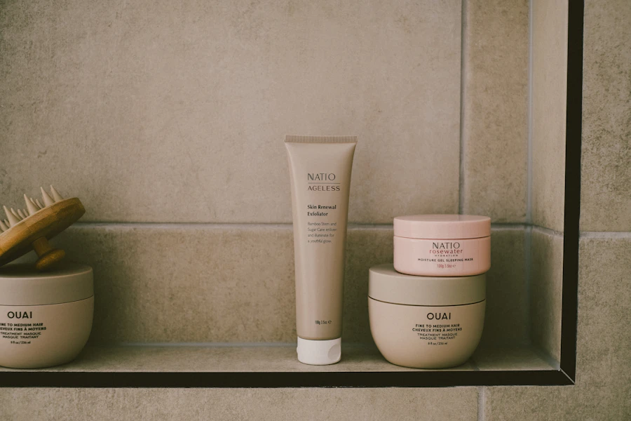 Beauty products are displayed neatly on a shelf.