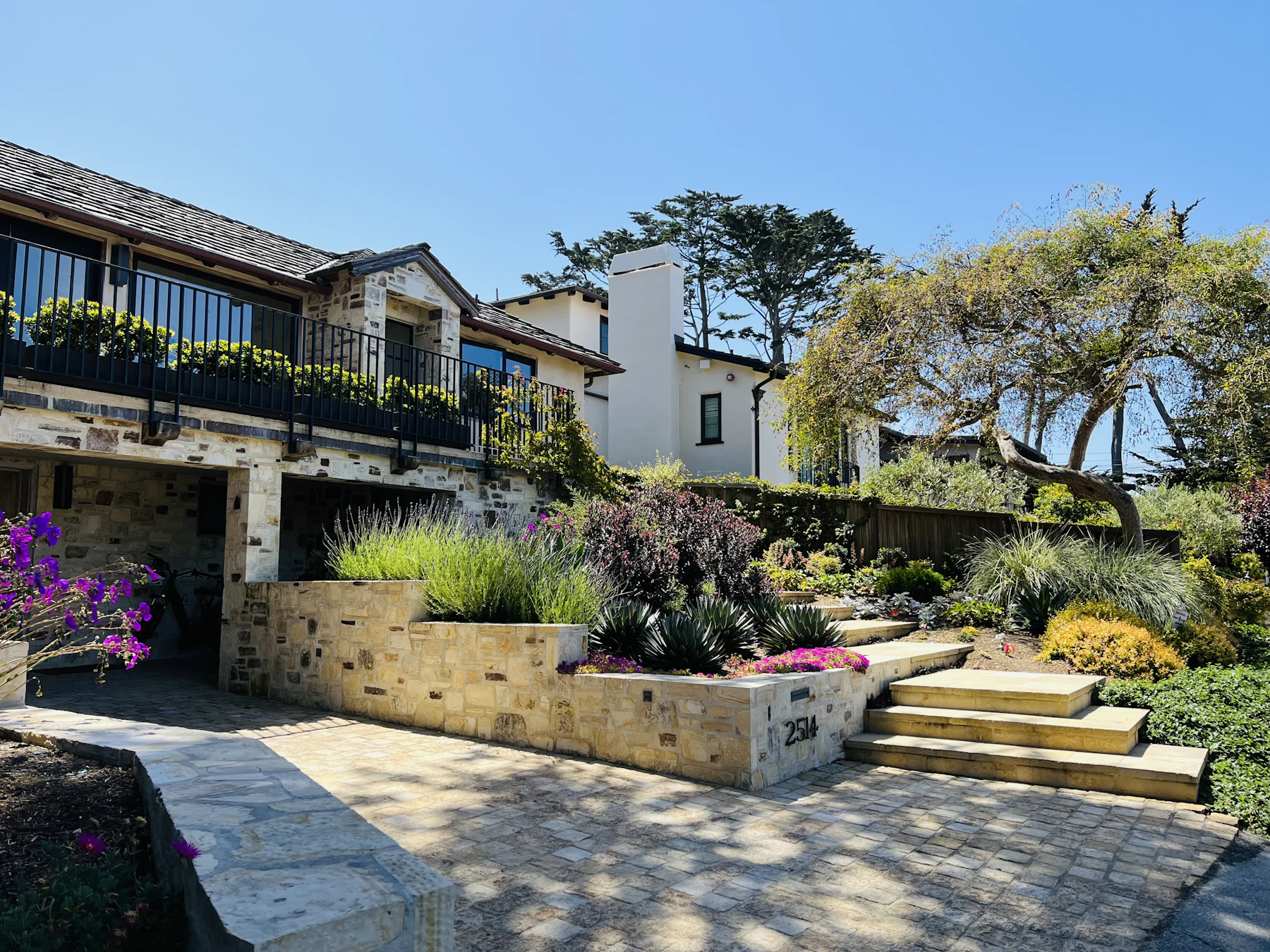Northern California hillside home with mature terraced planting, low stone walls and cypress trees.