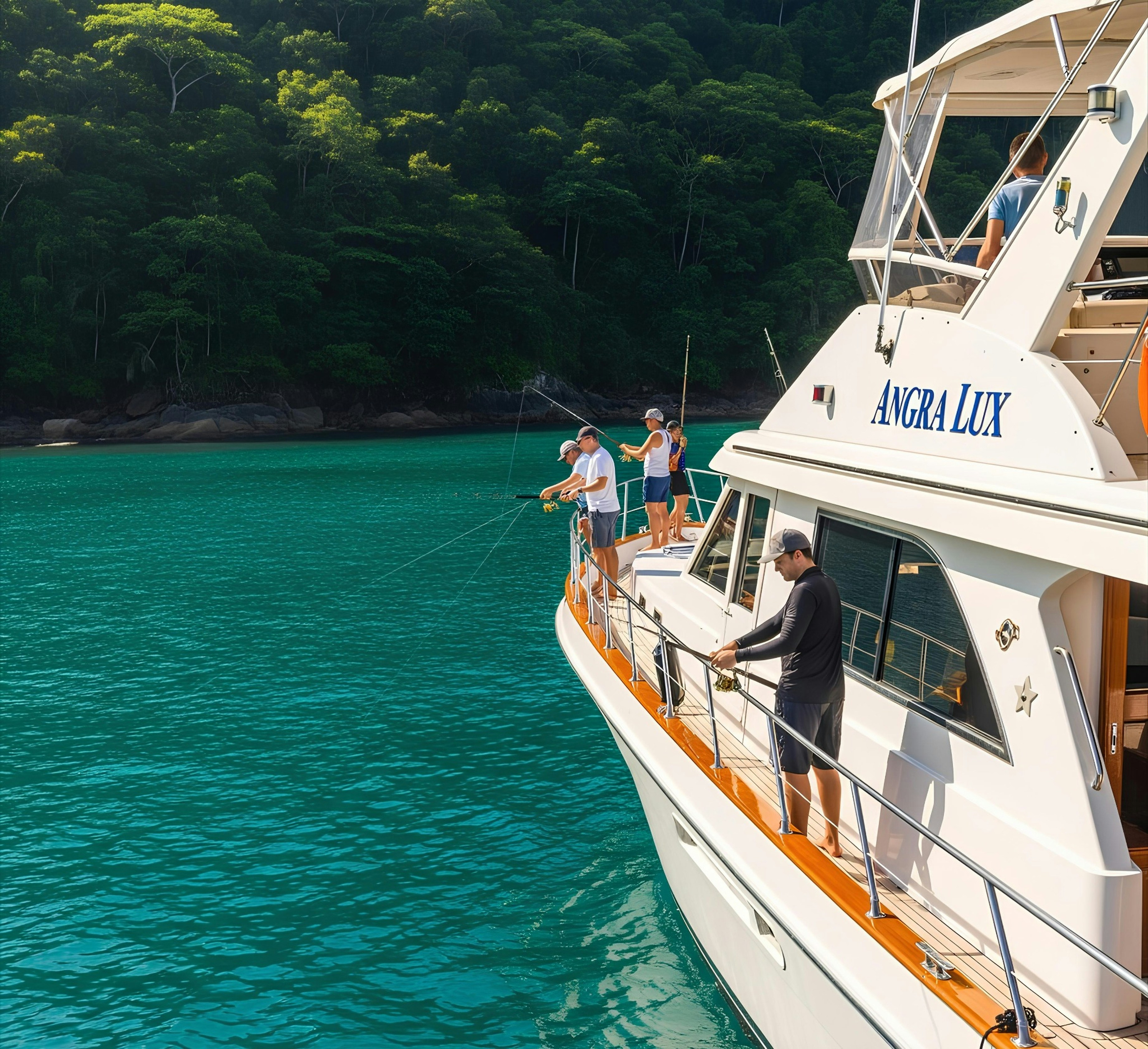 People fish off a yacht in beautiful waters