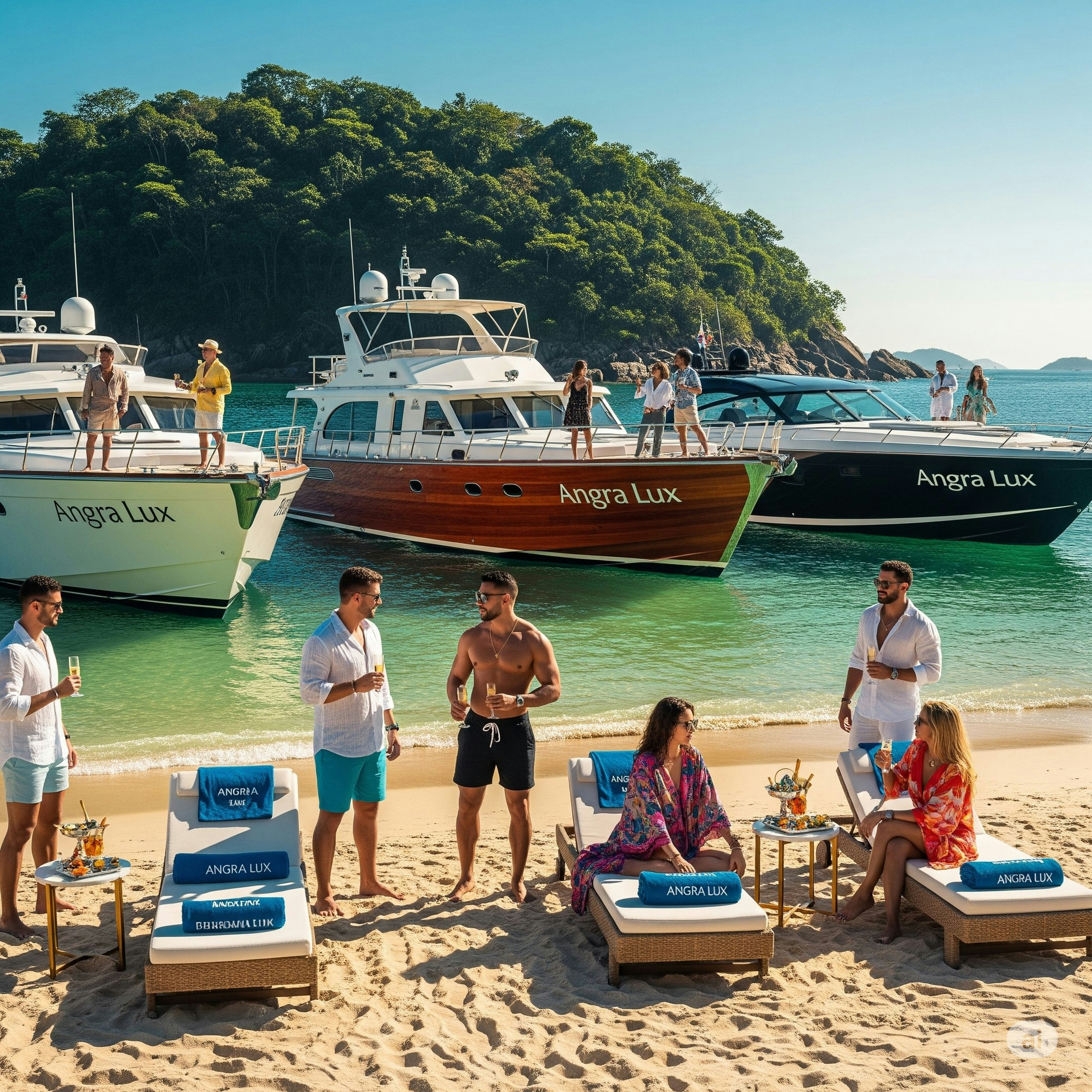 People socialize on the beach and yachts near a forested island.