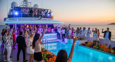 People celebrate on a luxurious yacht with a pool