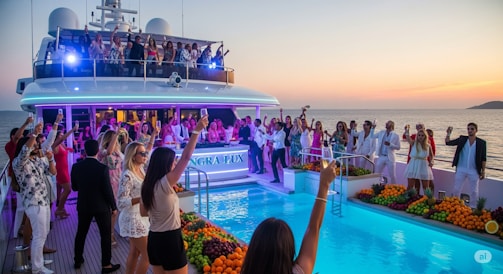 People celebrate on a luxurious yacht with a pool.