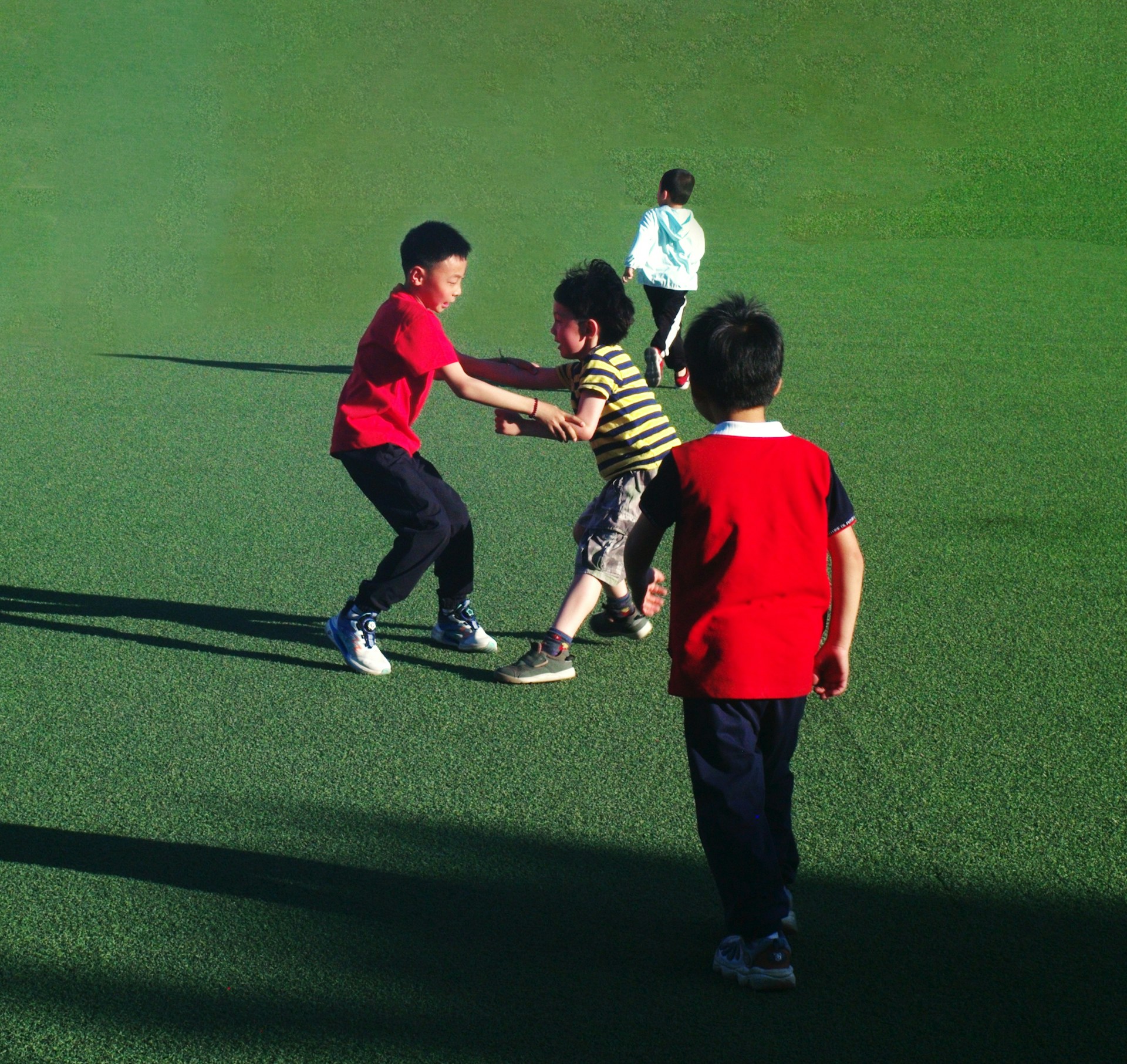 Children are playing together on a green field.