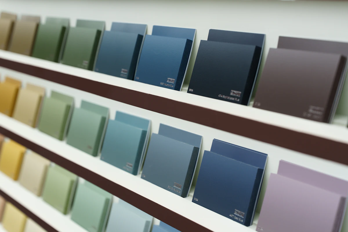 Rows of paint color swatches displayed on a shelf, representing the many subtle color variations that Delta E formulas need to quantify consistently