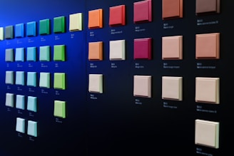 A wall displays square paint samples of many colors.