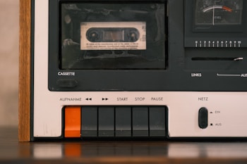 Cassette player shows a retro audio device.