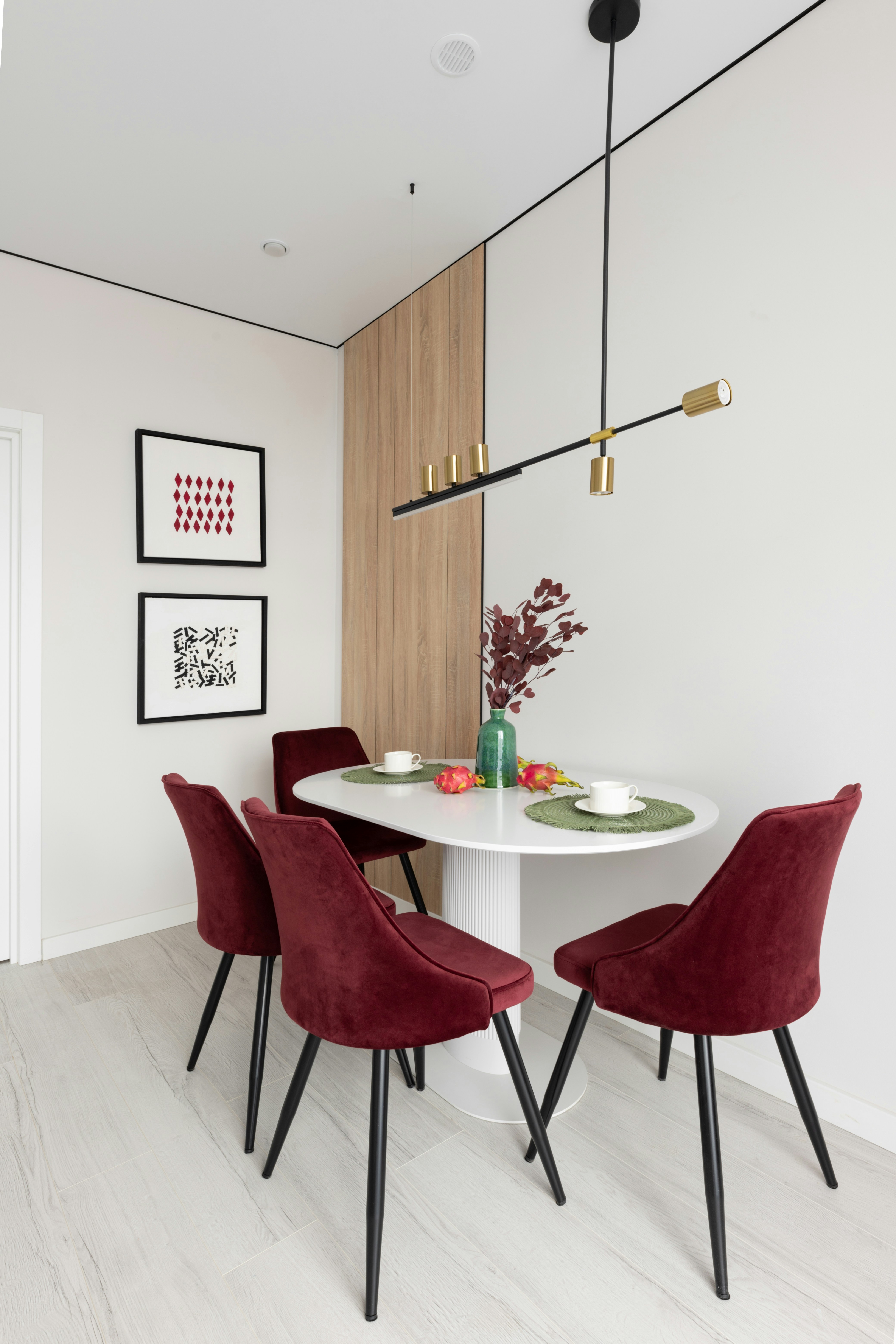 A modern dining room with chic decor.