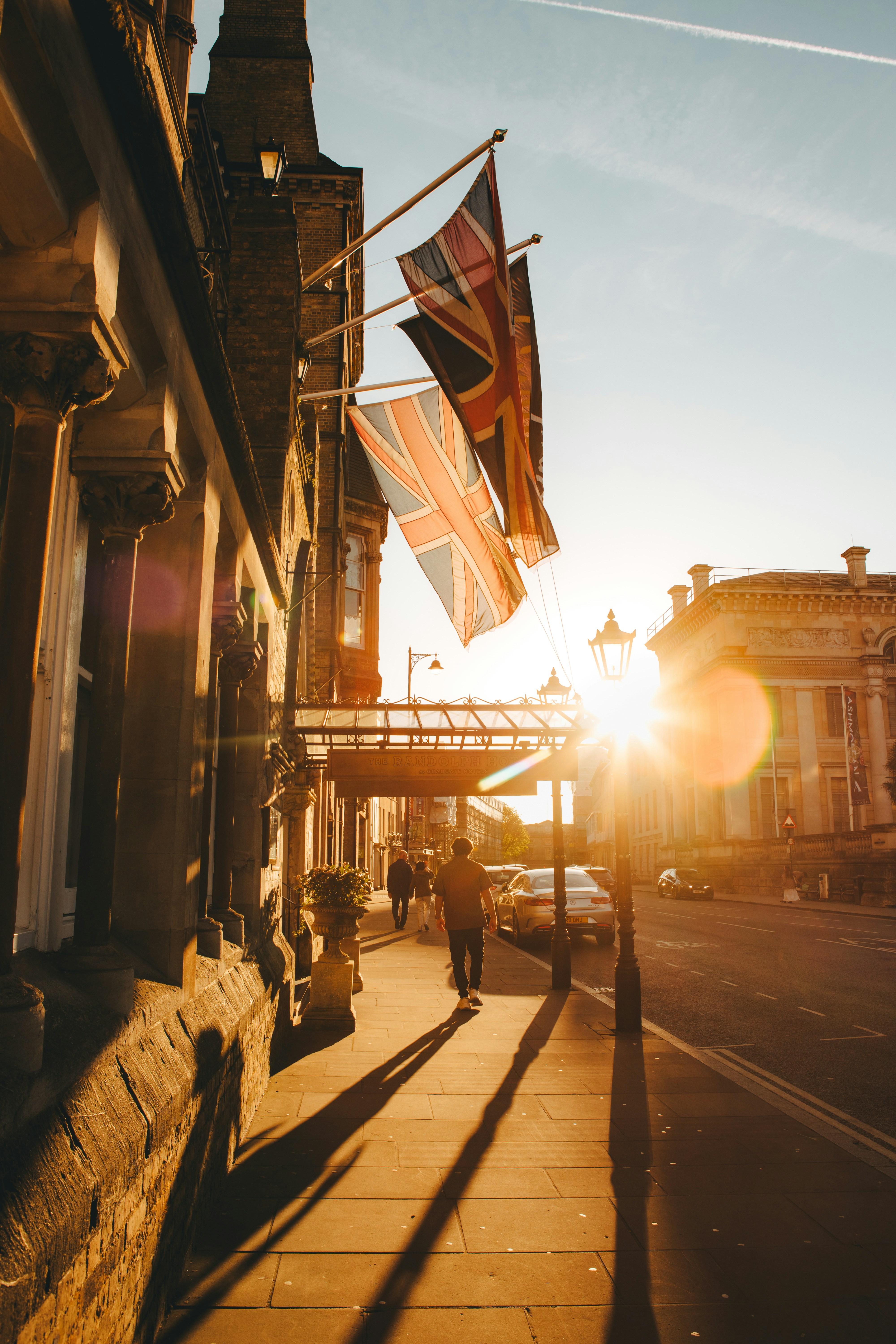 British flags wave in the warm sunset.