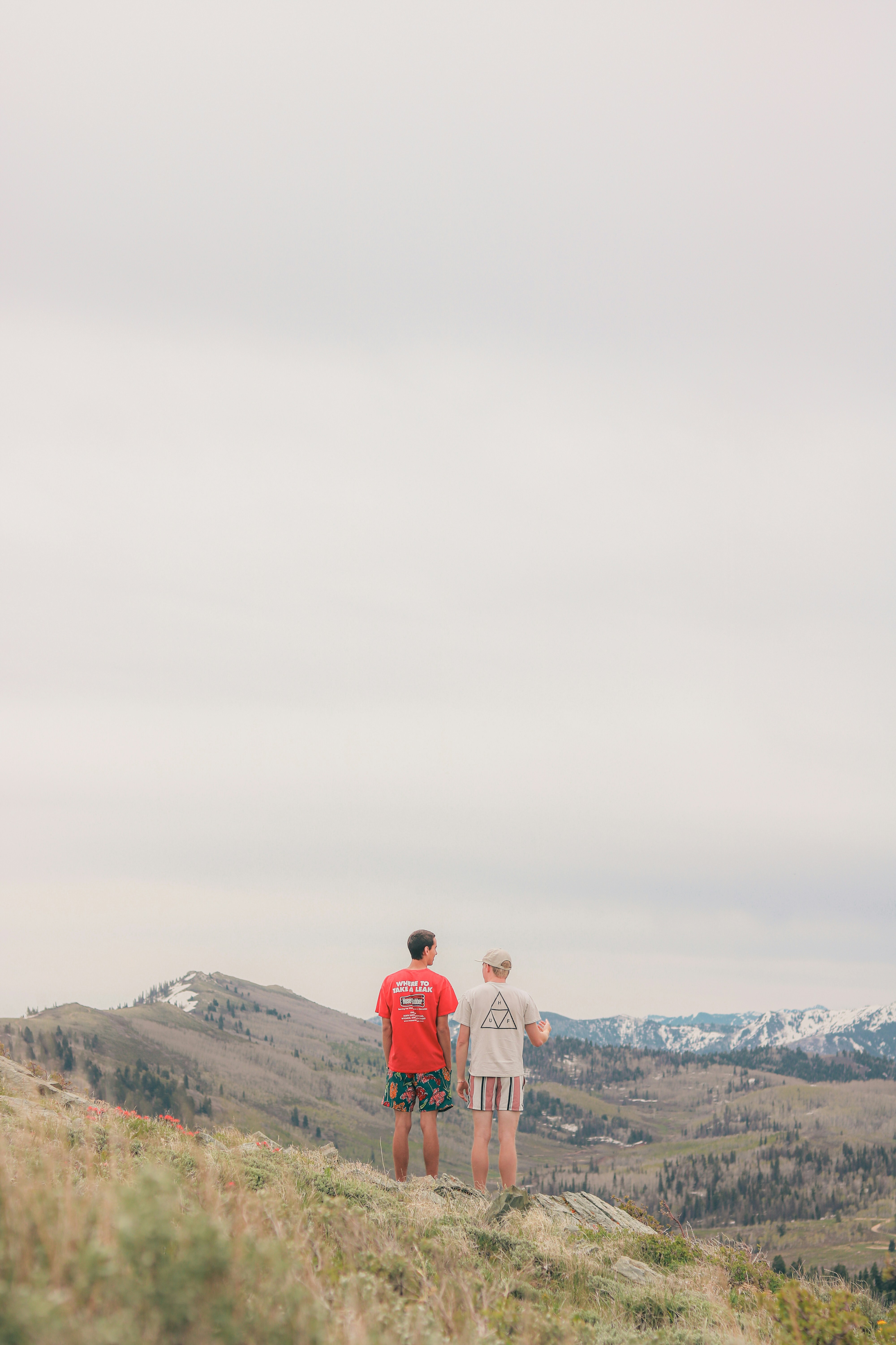 Two men stand and gaze at mountain scenery.