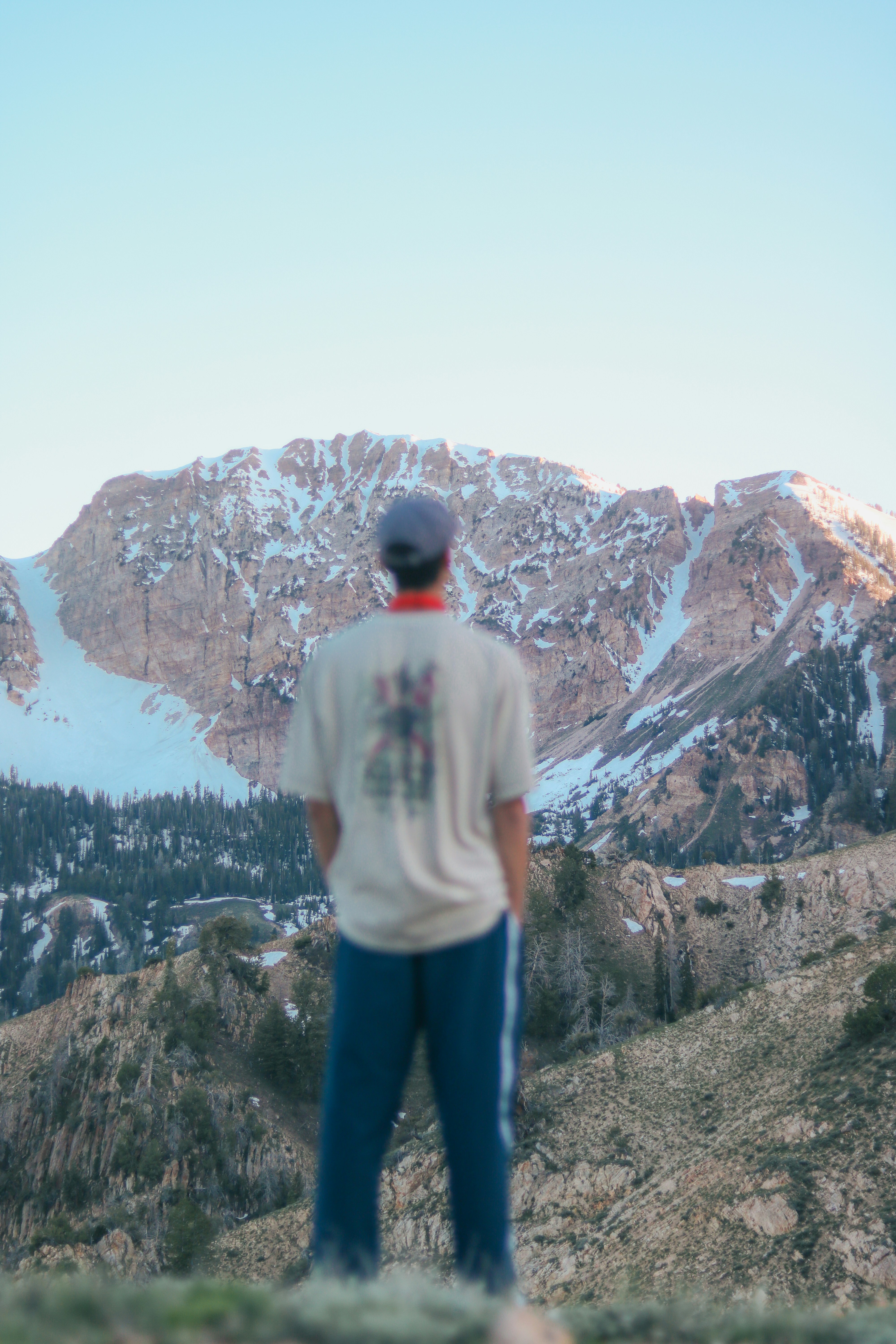 Une personne contemple une montagne majestueuse et enneigée.