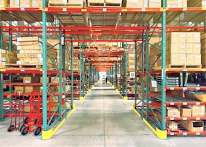 A warehouse is filled with shelves and boxes.