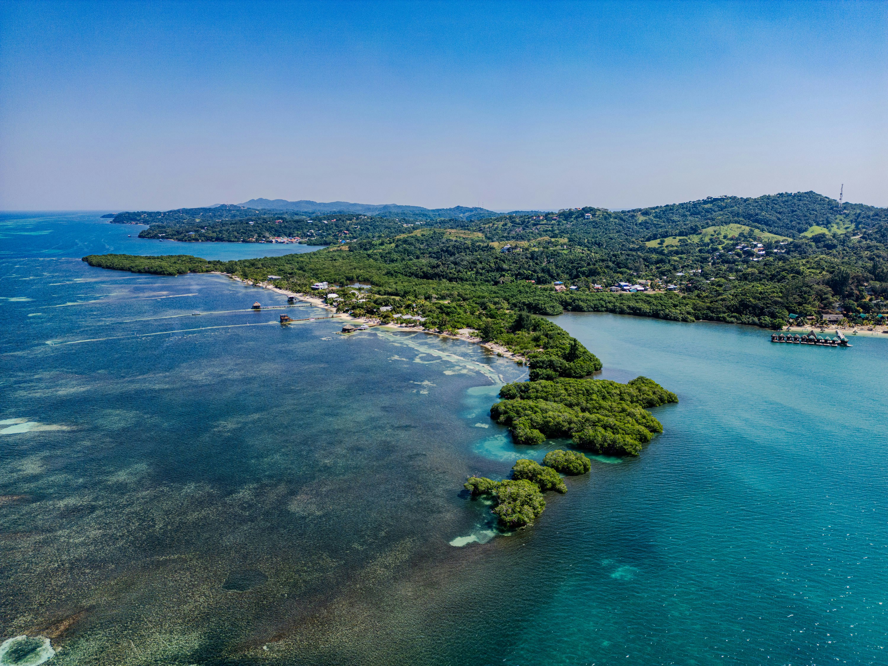 Aerial view of a lush, tropical island.