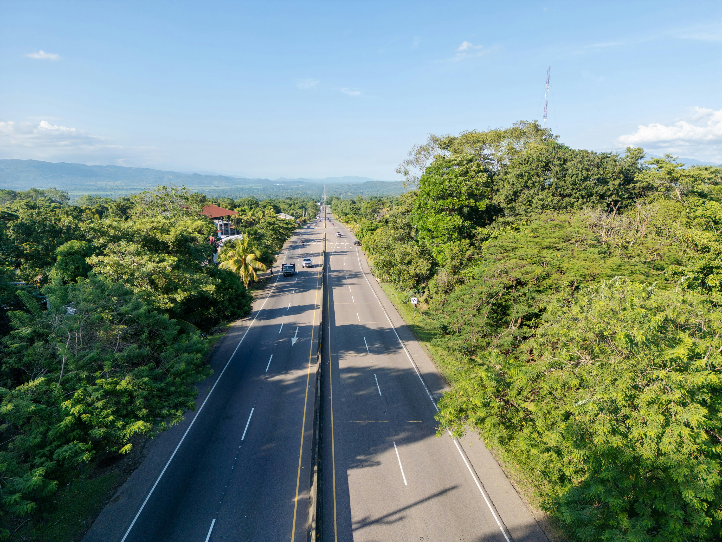A highway winds through lush, green foliage.