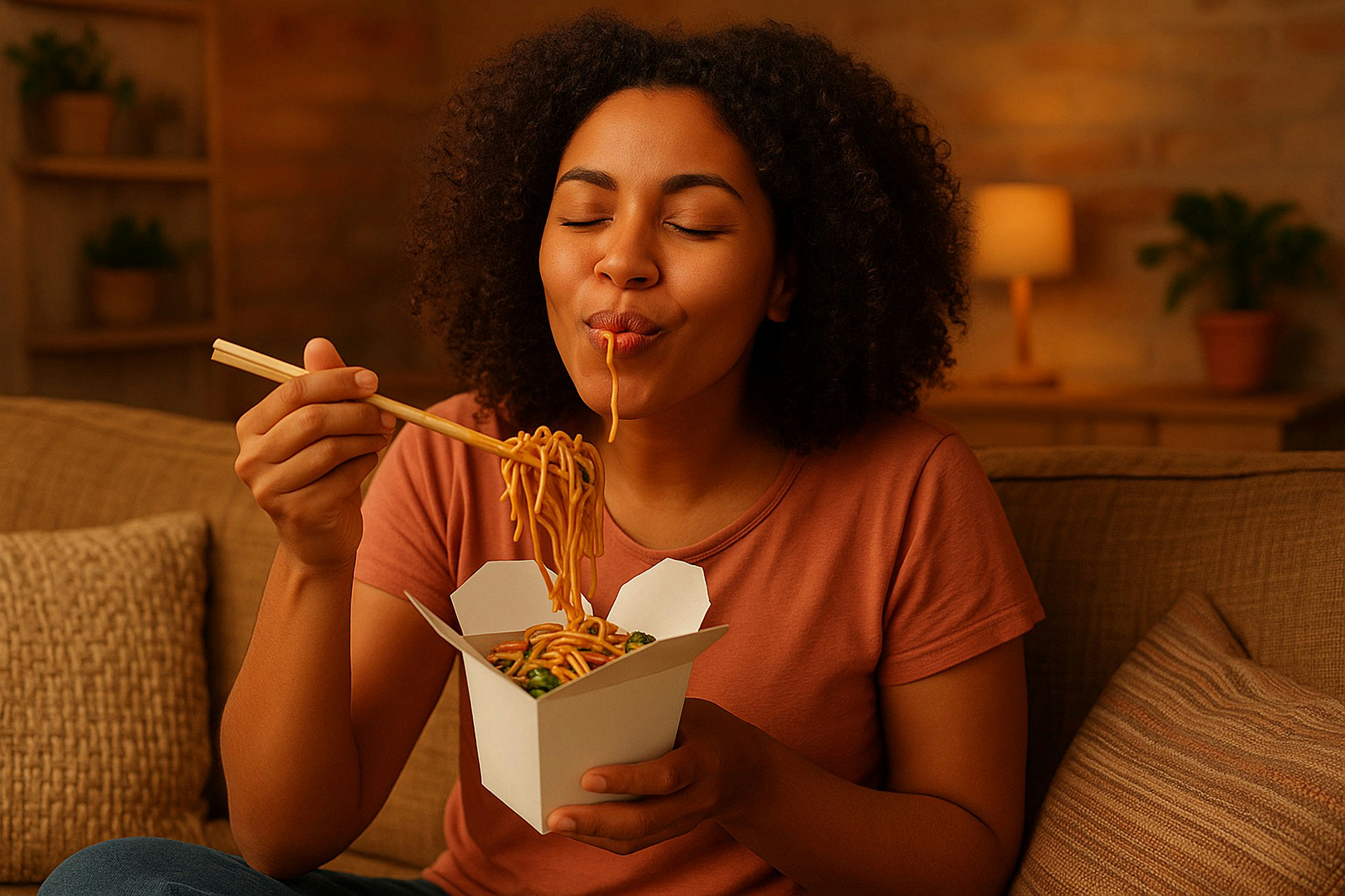 Woman enjoys a meal of noodles with chopsticks.