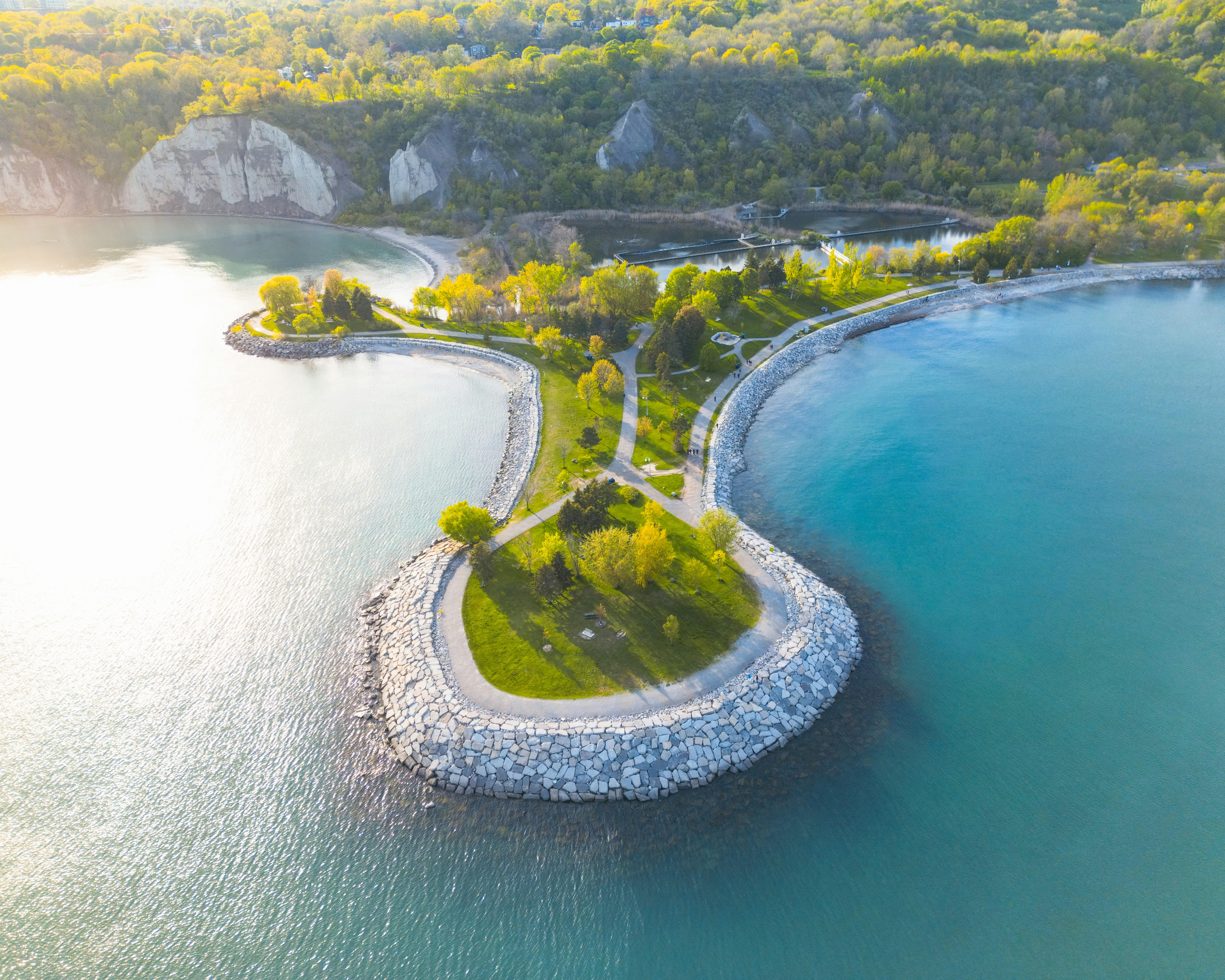 Scenic aerial view of a park and ocean.