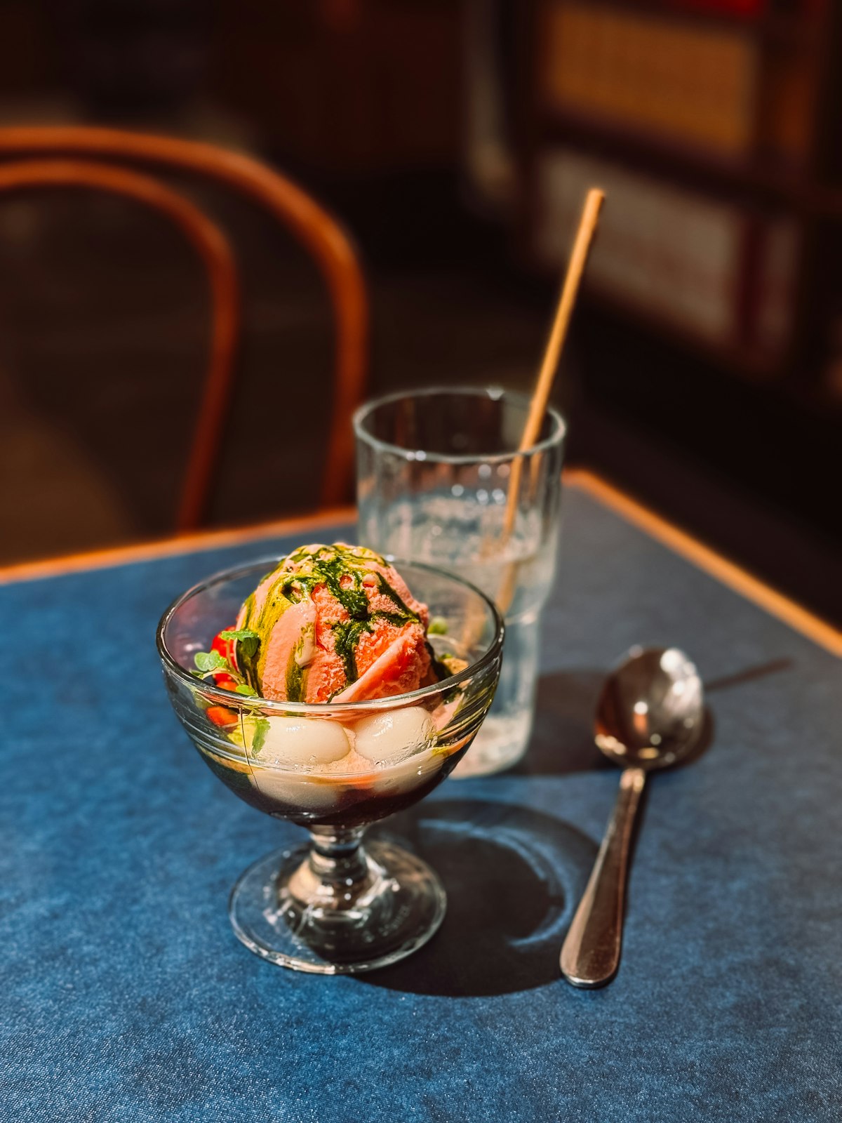 Matcha green tea soft serve ice cream in a glass — a beloved Japanese dessert