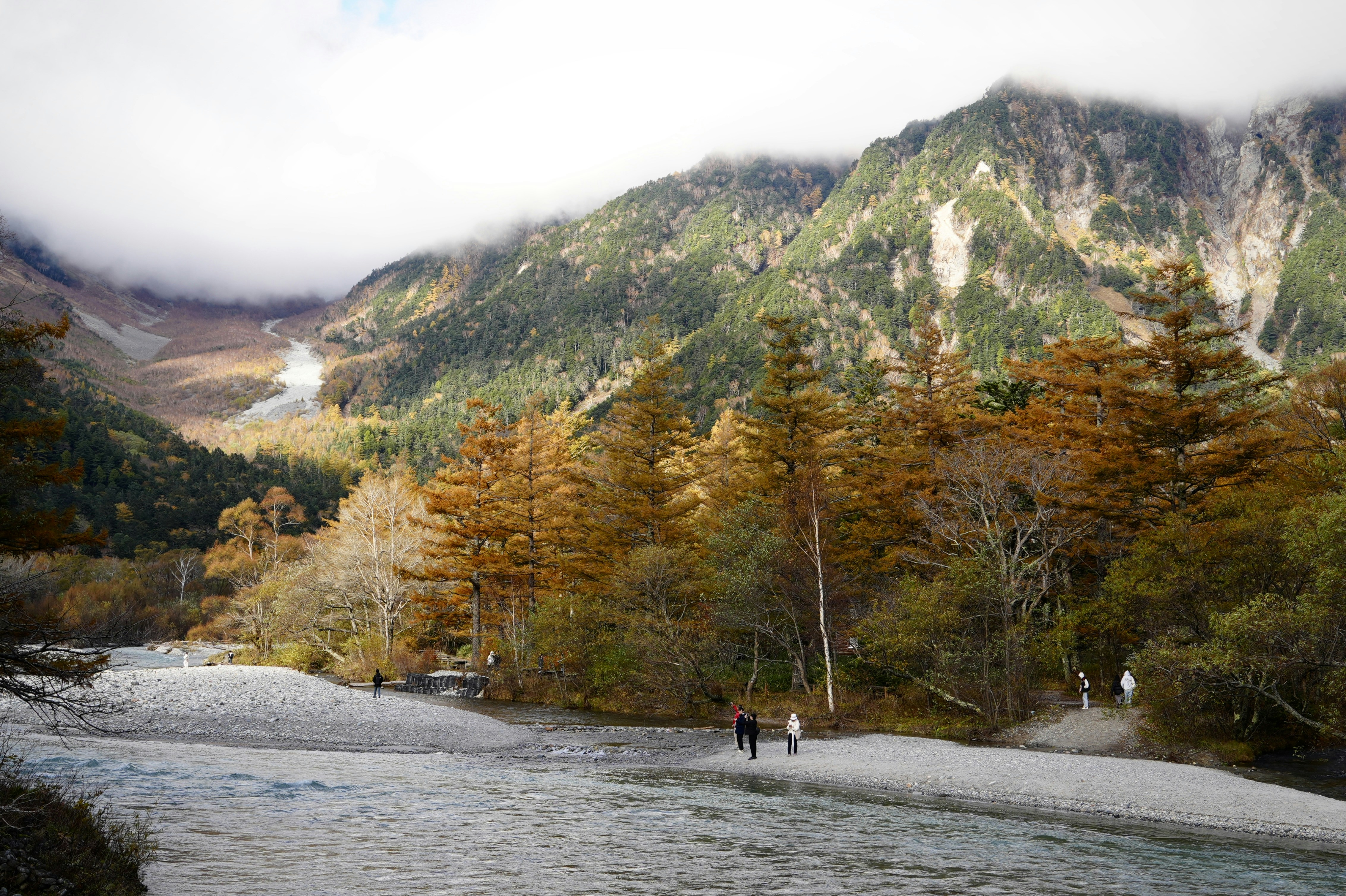 Mountains and trees frame a river in nature.