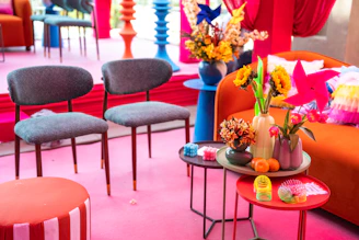 Vibrant and colorful interior with furniture and flowers.