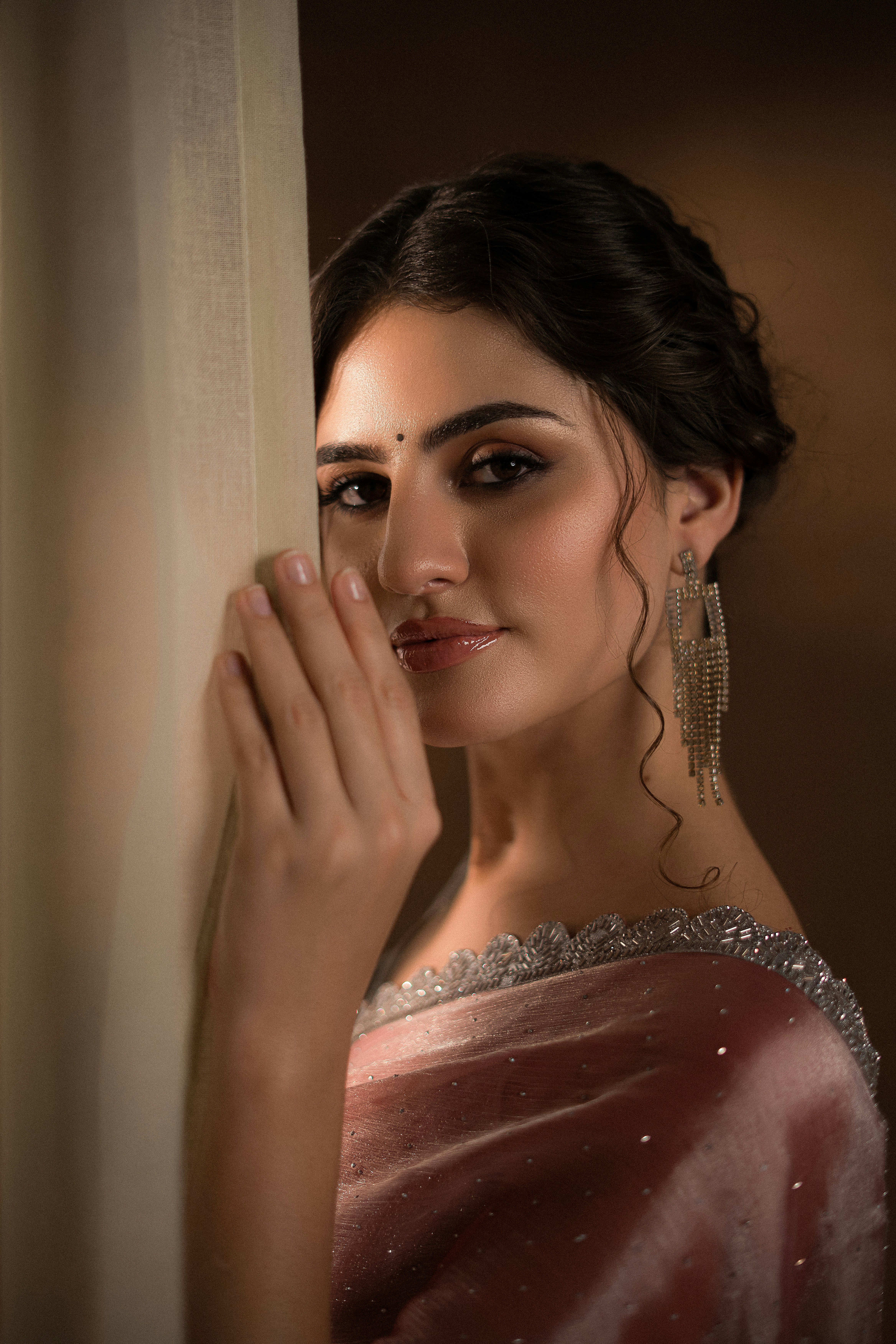 Eine schöne Frau posiert in einem atemberaubenden Sari.