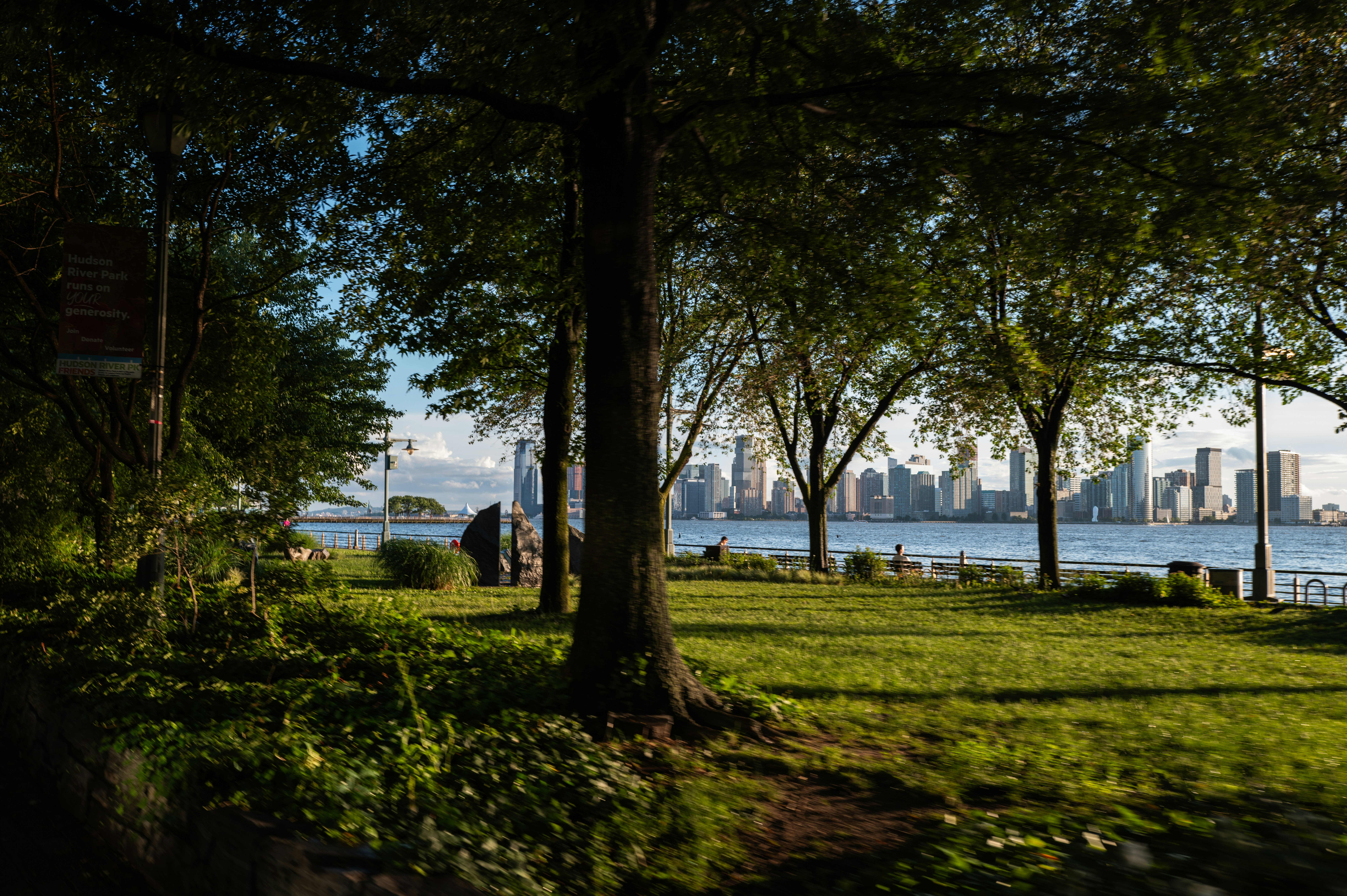 A green park overlooks a city skyline.